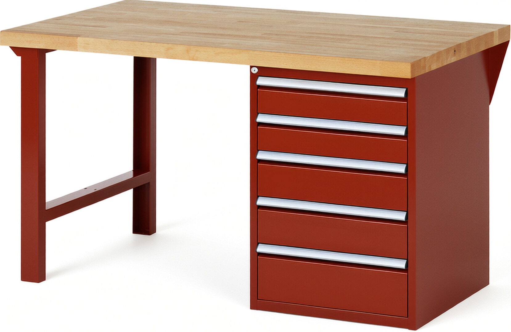 Werkbank Modell 7513 rot, BxTxH 1500x900x890 mm,  Buche-Massiv Arbeitsplatte 40 mm,  5 Schubladen mit  Vollauszug 100 % und  SoftClosing