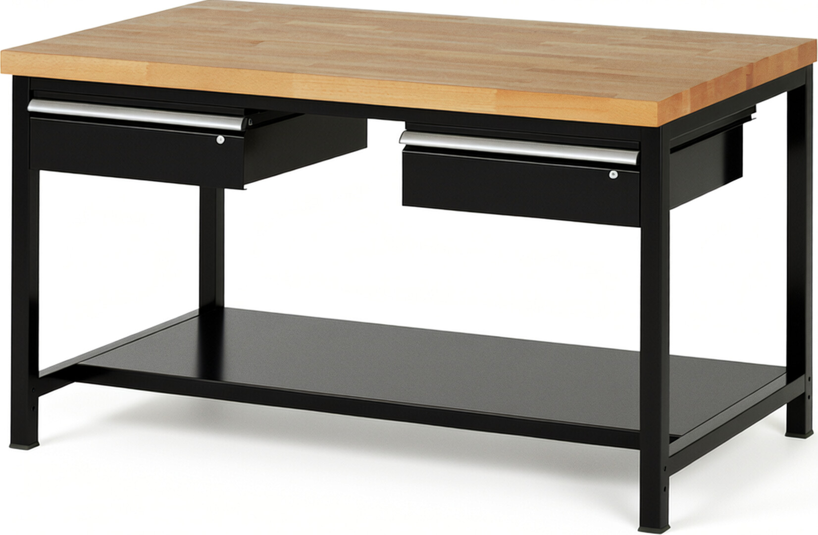 Werkbank Modell 8002 schwarz, BxTxH 1500x900x840-1040 mm,  Buche-Massiv Arbeitsplatte 40 mm,  2 Schubladen mit  Auszug 90 %