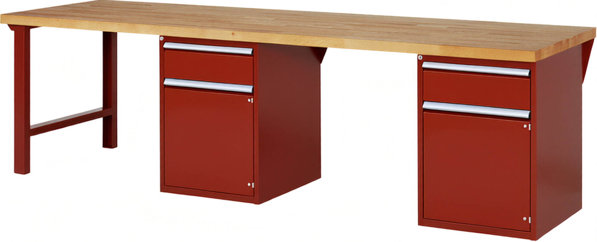 Werkbank Modell 7502 rot, BxTxH 3000x900x840 mm,  Buche-Massiv Arbeitsplatte 40 mm,  2 Schubladen mit  Vollauszug 100 % und  SoftClosing