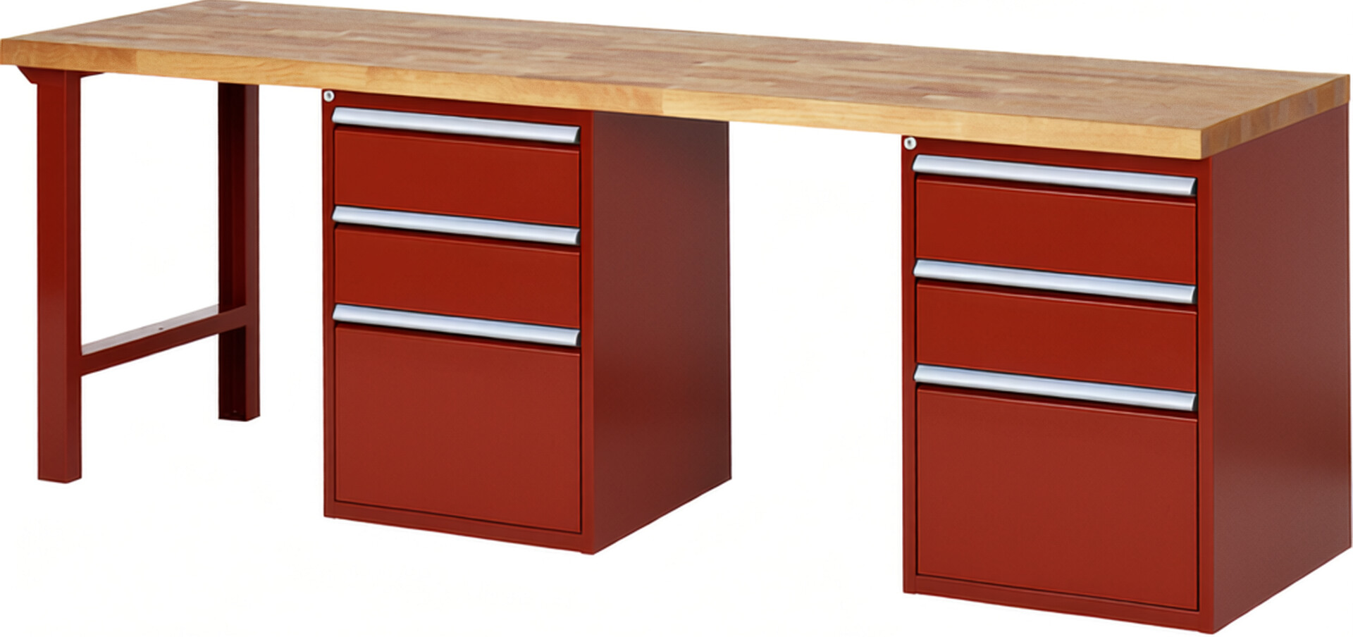 Werkbank Modell 7507 rot, BxTxH 2500x700x890 mm,  Buche-Massiv Arbeitsplatte 40 mm,  6 Schubladen mit  Auszug 90 %