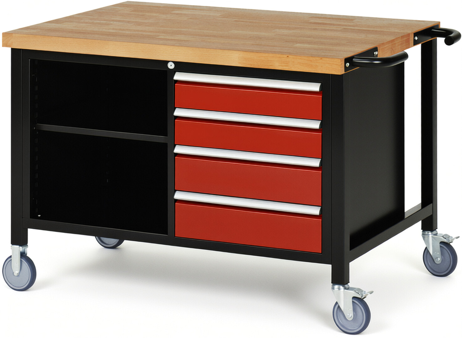 RAU Werkbank schwarz - rot - Breite 125 cm - Tiefe 90 cm - Höhe 108 cm - Buche-Massiv Arbeitsplatte 40 mm