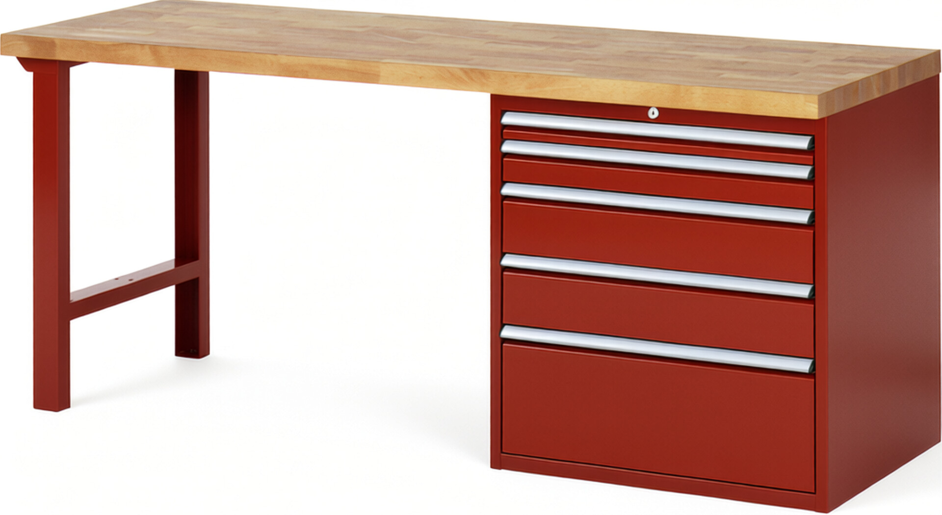 Werkbank Modell 7611 rot, BxTxH 2000x700x890 mm,  Buche-Massiv Arbeitsplatte 40 mm,  5 Schubladen mit  Auszug 90 %