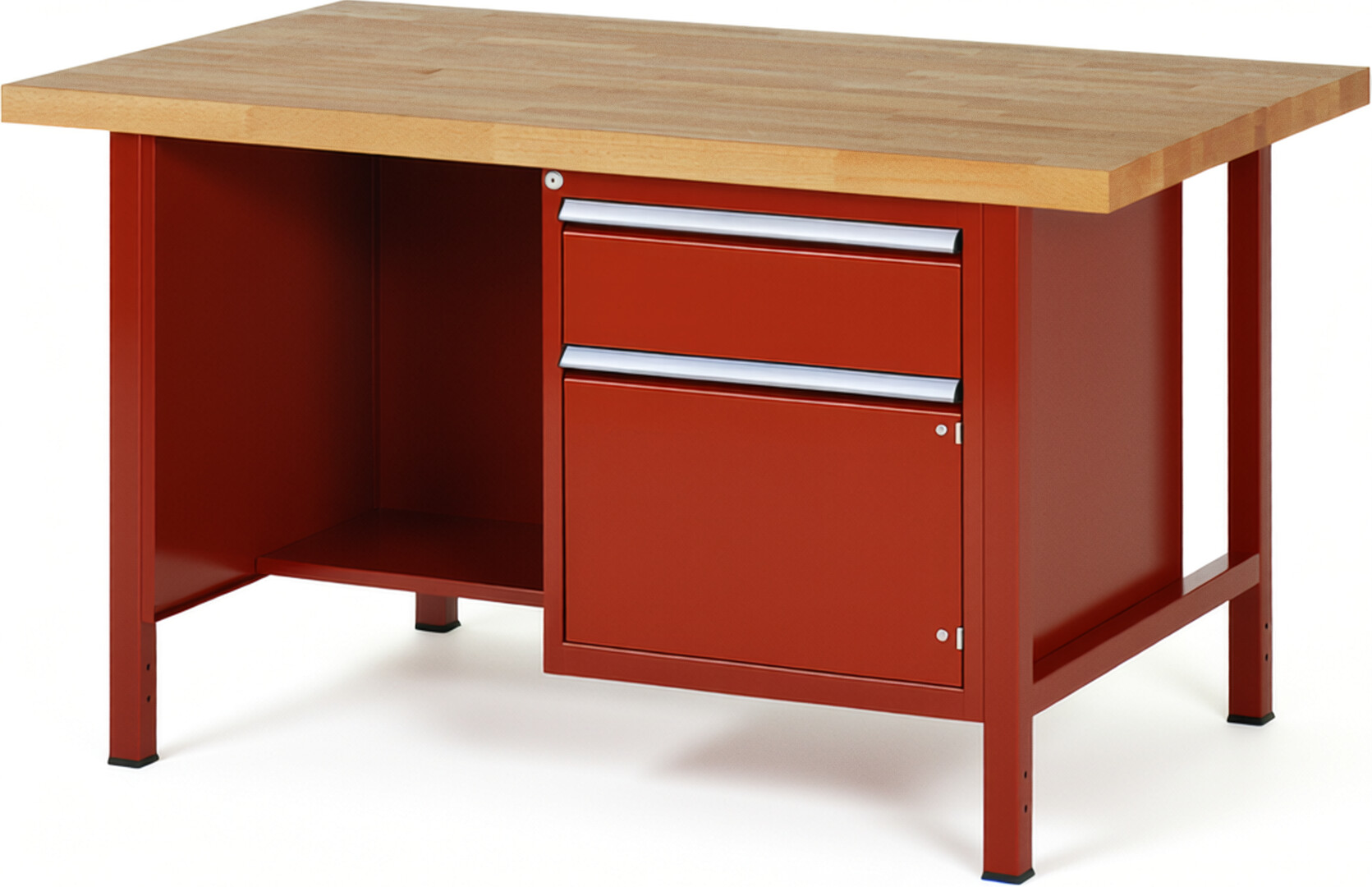 Werkbank Modell 8455 rot, BxTxH 1500x900x840-1040 mm,  Buche-Massiv Arbeitsplatte 40 mm,  1 Schublade mit  Vollauszug 100 % und  SoftClosing