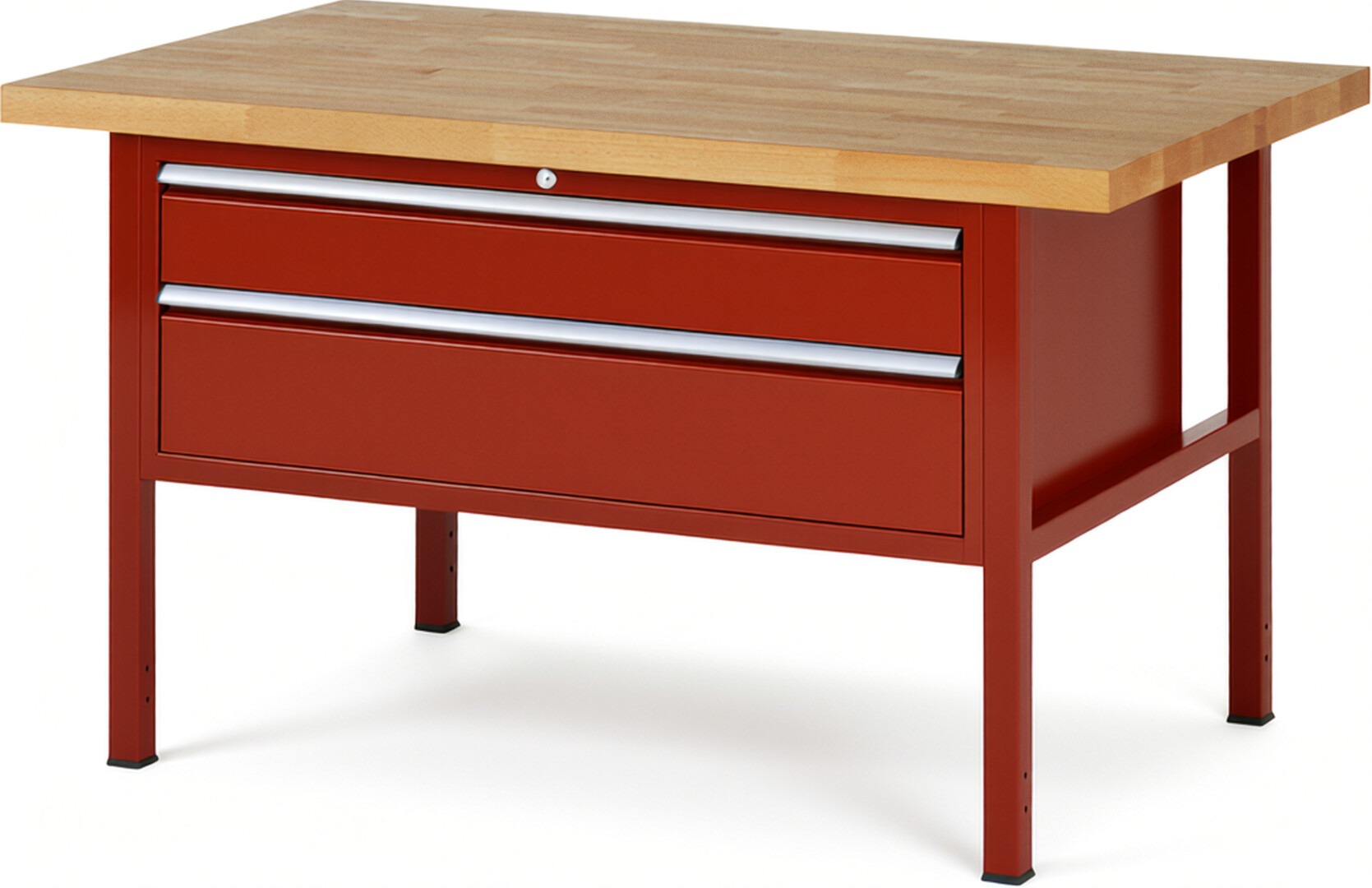 Werkbank Modell 8323 rot, BxTxH 1500x900x840 mm,  Buche-Massiv Arbeitsplatte 40 mm,  2 Schubladen mit  Auszug 90 %