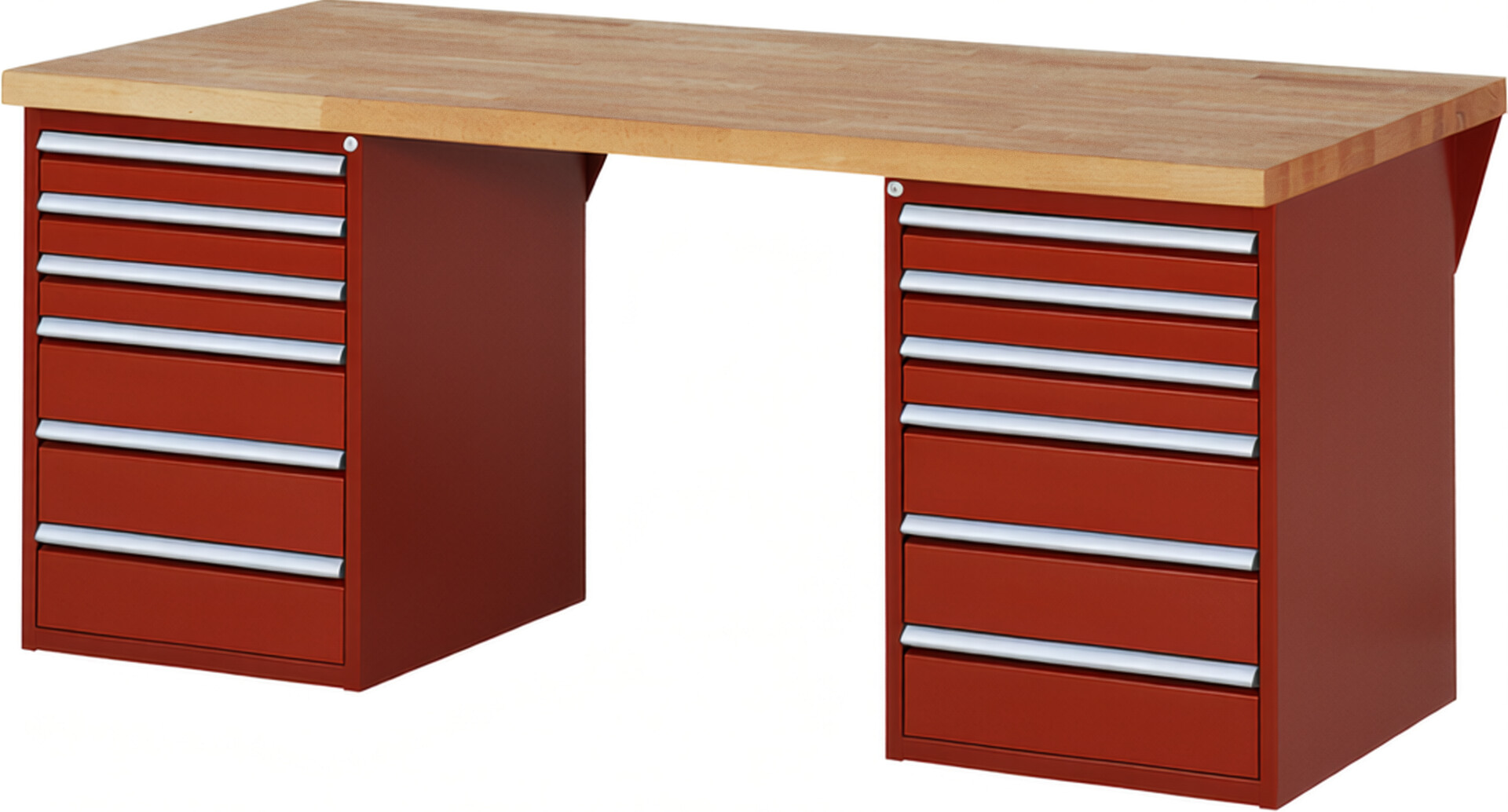 Werkbank Modell 7515 rot, BxTxH 2000x900x890 mm,  Buche-Massiv Arbeitsplatte 40 mm,  12 Schubladen mit  Auszug 90 %