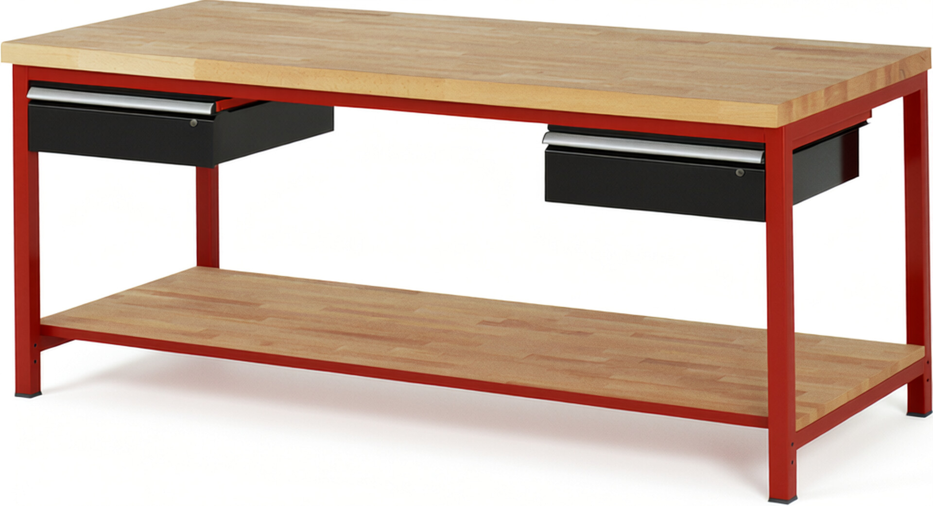 Werkbank Modell 8002 rot - schwarz, BxTxH 2000x900x840-1040 mm,  Buche-Massiv Arbeitsplatte 40 mm,  2 Schubladen mit  Auszug 90 %