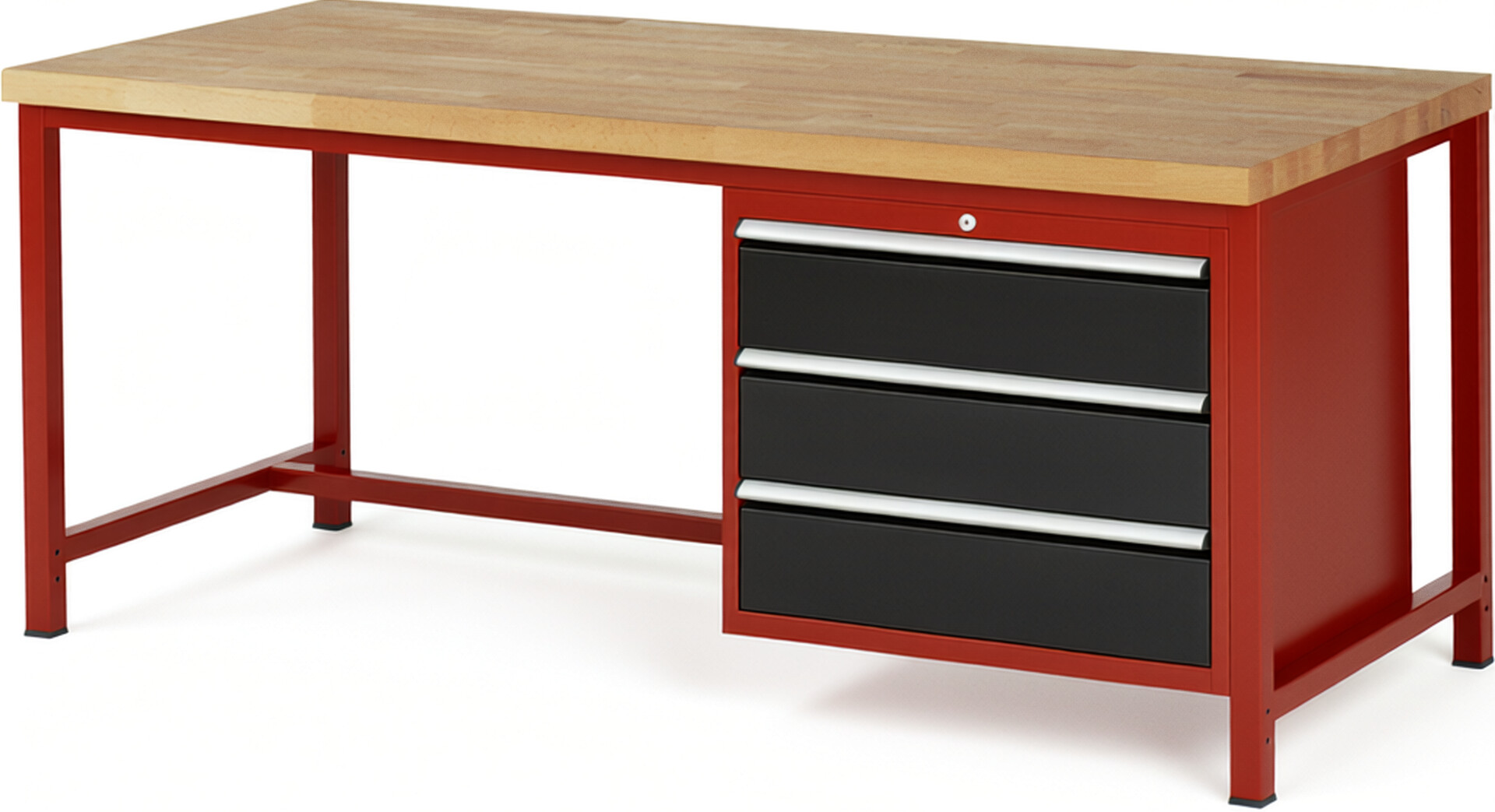 Werkbank Modell 8257 rot - schwarz, BxTxH 2000x900x840-1040 mm,  Buche-Massiv Arbeitsplatte 40 mm,  3 Schubladen mit  Vollauszug 100 % und  SoftClosing