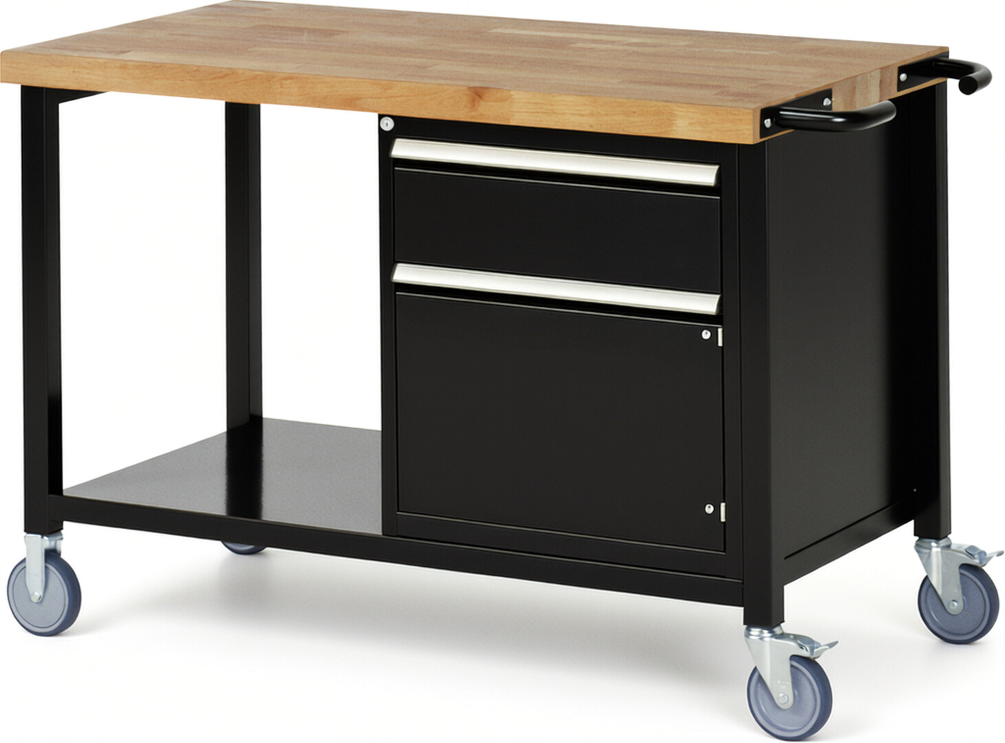 Fahrbare Werkbank Modell 8152 schwarz, BxTxH 1250x700x880 mm,  Buche-Massiv Arbeitsplatte 40 mm,  1 Schublade mit  Vollauszug 100 % und  SoftClosing