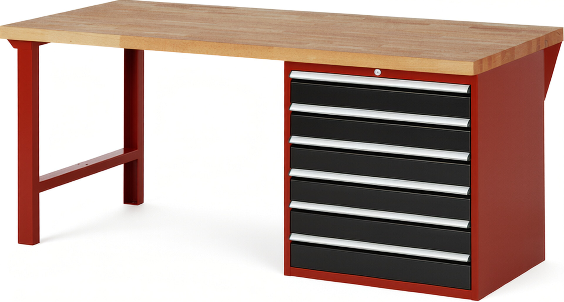 Werkbank Modell 7616 rot - schwarz, BxTxH 2000x900x890 mm,  Buche-Massiv Arbeitsplatte 40 mm,  6 Schubladen mit  Auszug 90 %