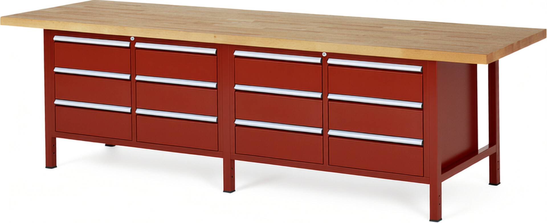 Werkbank Modell 8473 rot, BxTxH 3000x900x840 mm,  Buche-Massiv Arbeitsplatte 40 mm,  12 Schubladen mit  Vollauszug 100 % und  SoftClosing