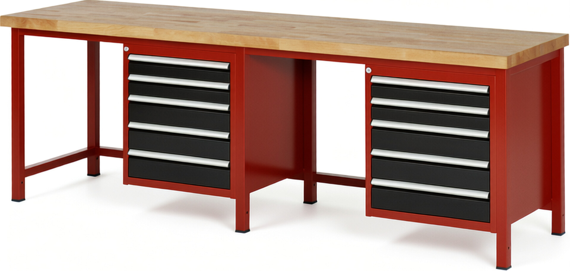 Werkbank Modell 8171 rot - schwarz, BxTxH 2500x700x840 mm,  Buche-Massiv Arbeitsplatte 40 mm,  10 Schubladen mit  Auszug 90 %