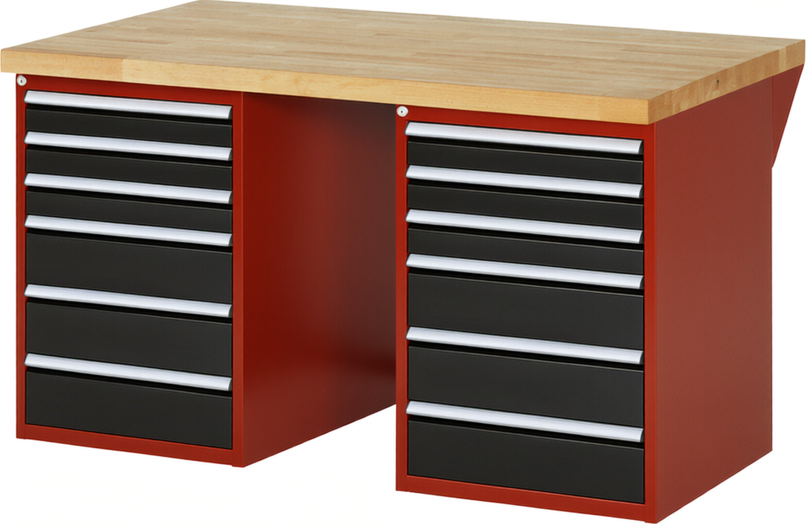Werkbank Modell 7515 rot - schwarz, BxTxH 1500x900x890 mm,  Buche-Massiv Arbeitsplatte 40 mm,  12 Schubladen mit  Auszug 90 %