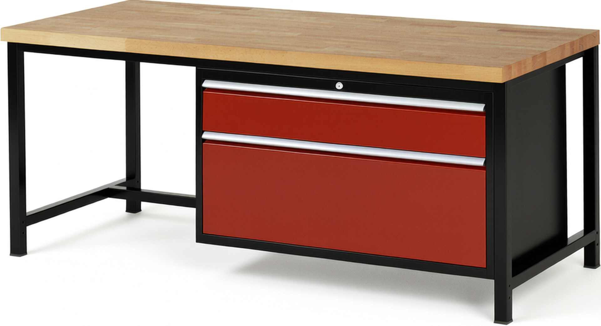 RAU Werkbank schwarz - rot - Breite 200 cm - Tiefe 90 cm - Höhe 104 cm - Buche-Massiv Arbeitsplatte 40 mm