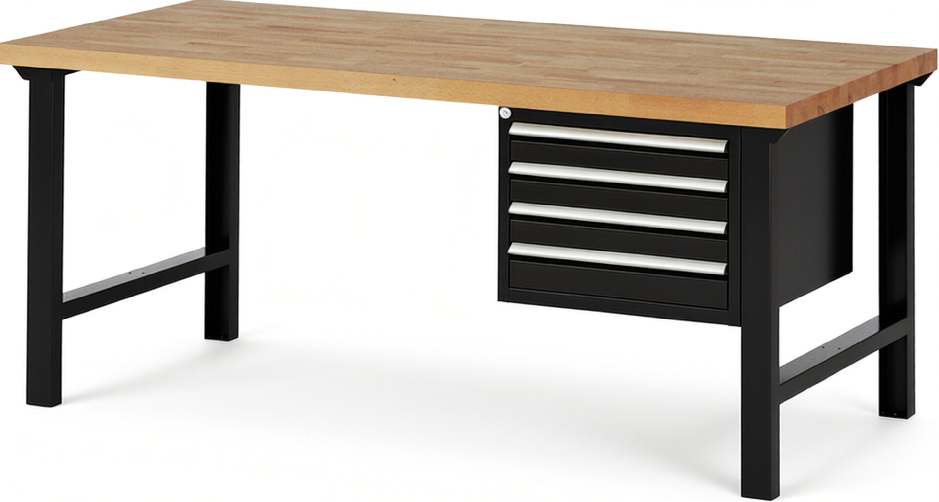 Werkbank Modell 7133 schwarz, BxTxH 2000x900x840 mm,  Buche-Massiv Arbeitsplatte 40 mm,  4 Schubladen mit  Auszug 90 %