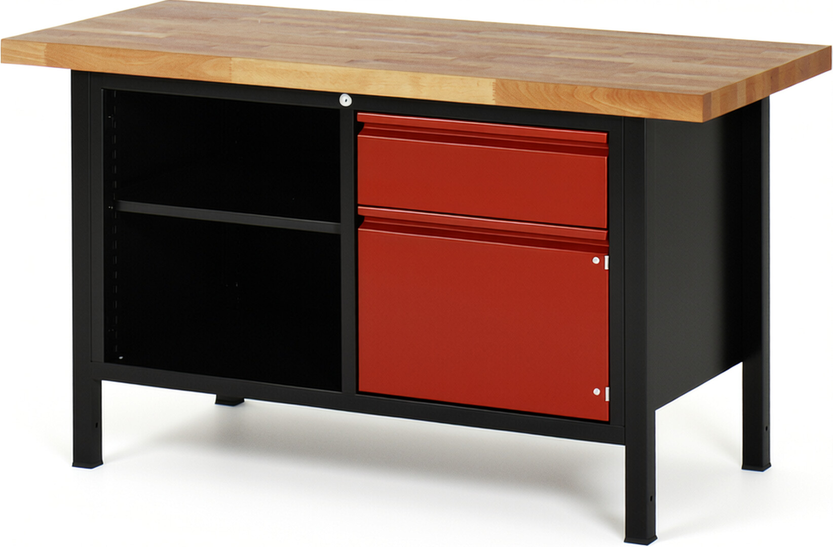 Werkbank schwarz - rot, Breite 150 cm, Tiefe 70 cm, Höhe 84 cm, 1 Schublade(n), Platte: Buche-Massiv-Arbeitsplatte