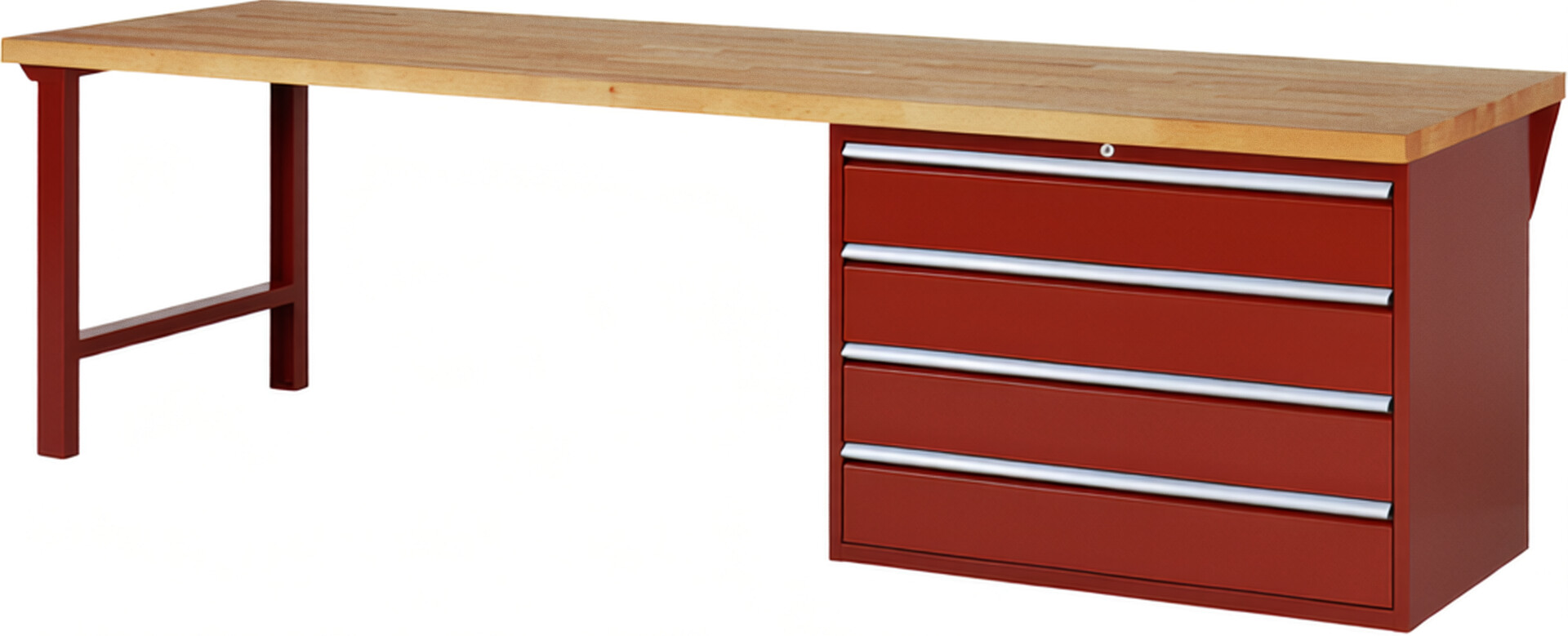Werkbank Modell 7709 rot, BxTxH 3000x900x890 mm,  Buche-Massiv Arbeitsplatte 40 mm,  4 Schubladen mit  Auszug 90 %