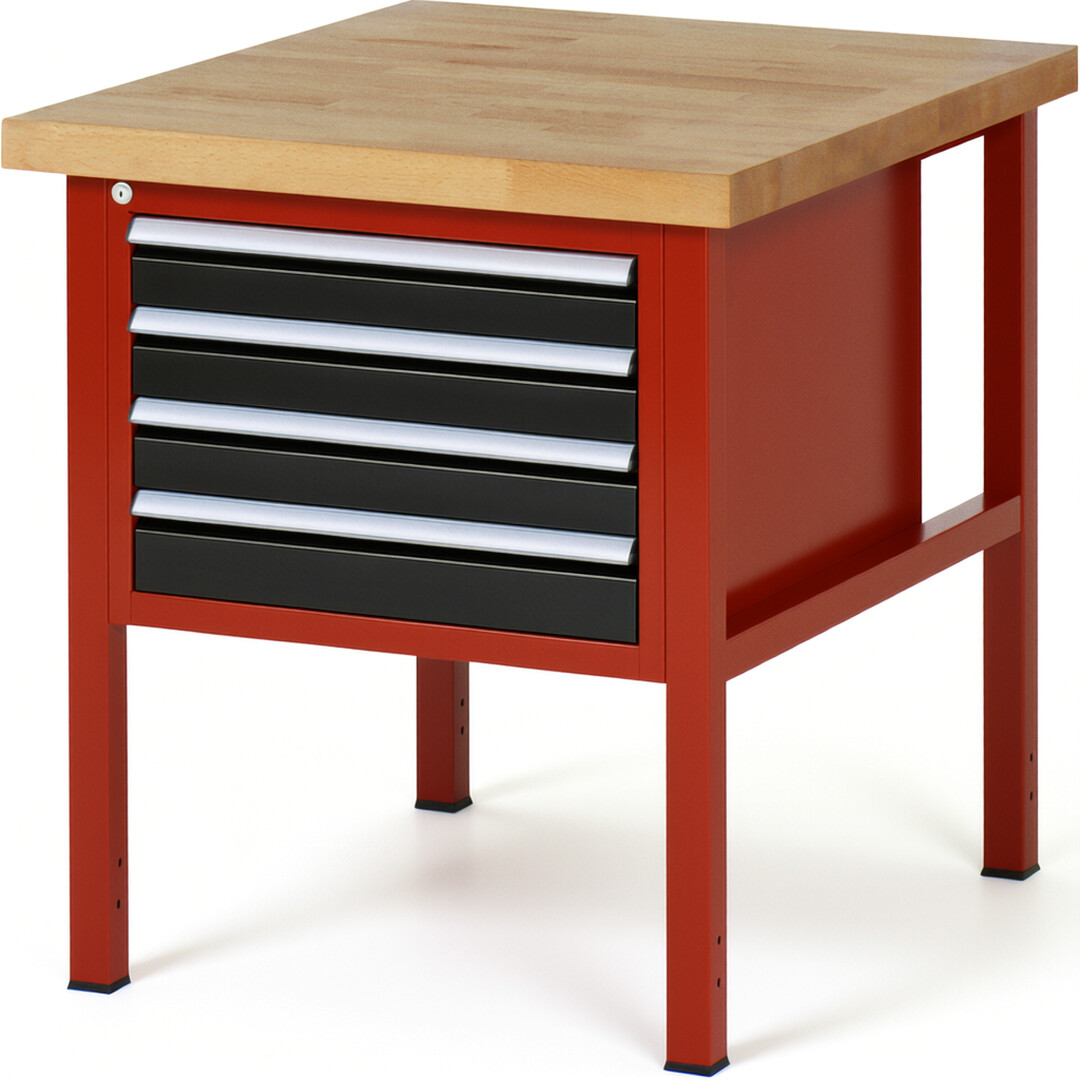Werkbank Modell 8133 rot - schwarz, BxTxH 750x900x840 mm,  Buche-Massiv Arbeitsplatte 40 mm,  4 Schubladen mit  Auszug 90 %