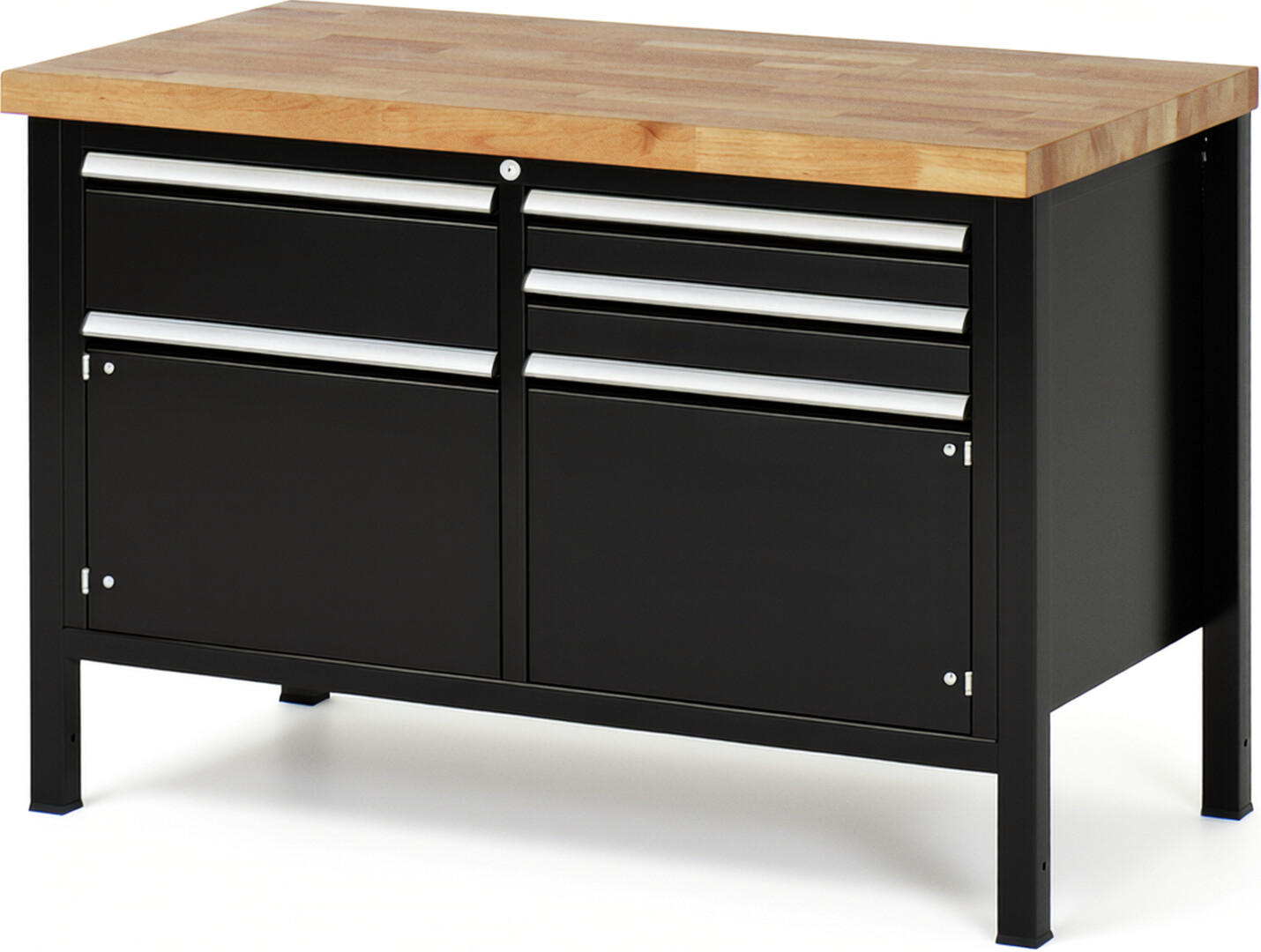 Werkbank Modell 8467 schwarz, BxTxH 1250x700x840 mm,  Buche-Massiv Arbeitsplatte 40 mm,  3 Schubladen mit  Vollauszug 100 % und  SoftClosing