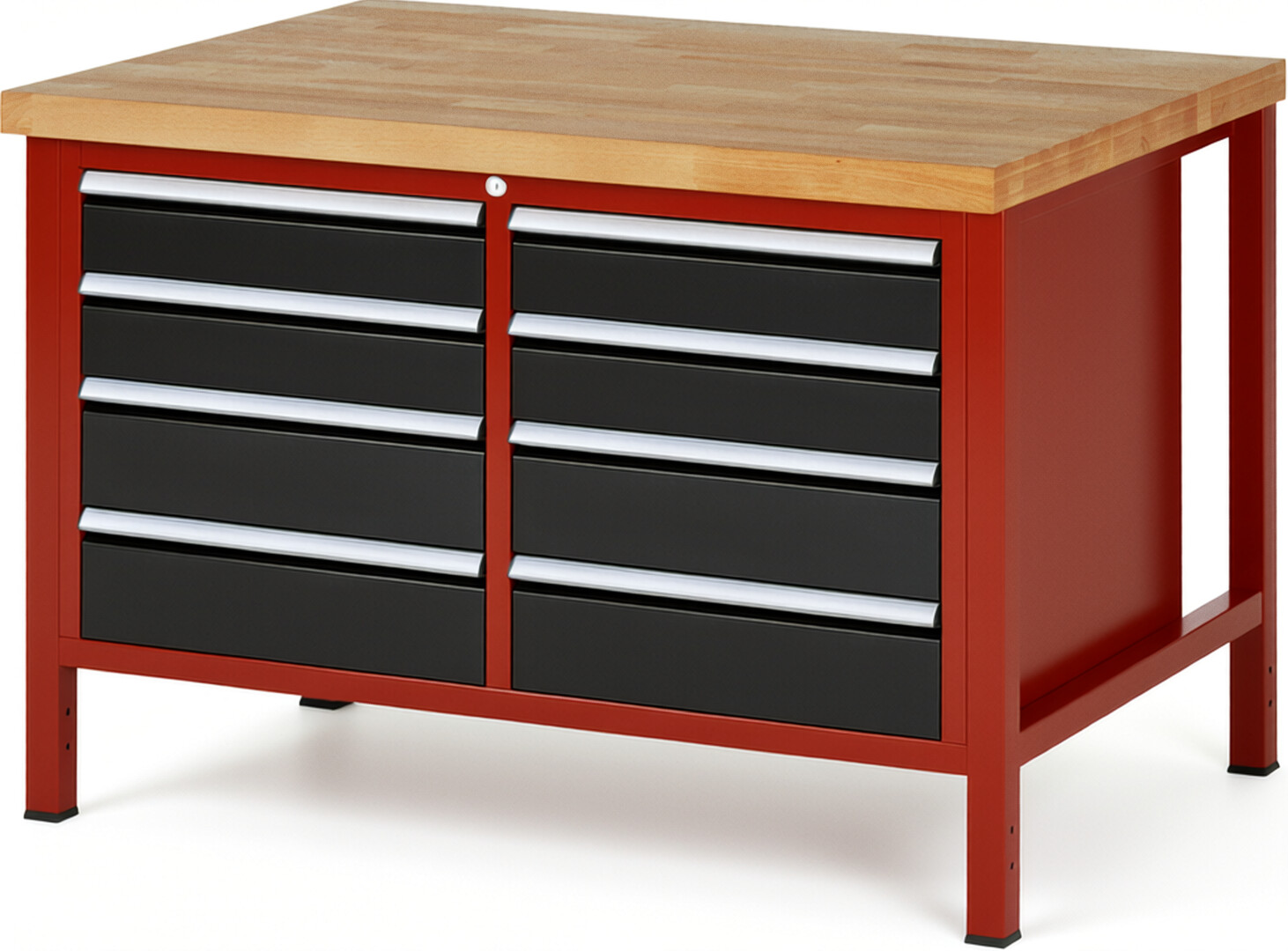 Werkbank Modell 8477 rot - schwarz, BxTxH 1250x900x840 mm,  Buche-Massiv Arbeitsplatte 40 mm,  8 Schubladen mit  Vollauszug 100 % und  SoftClosing