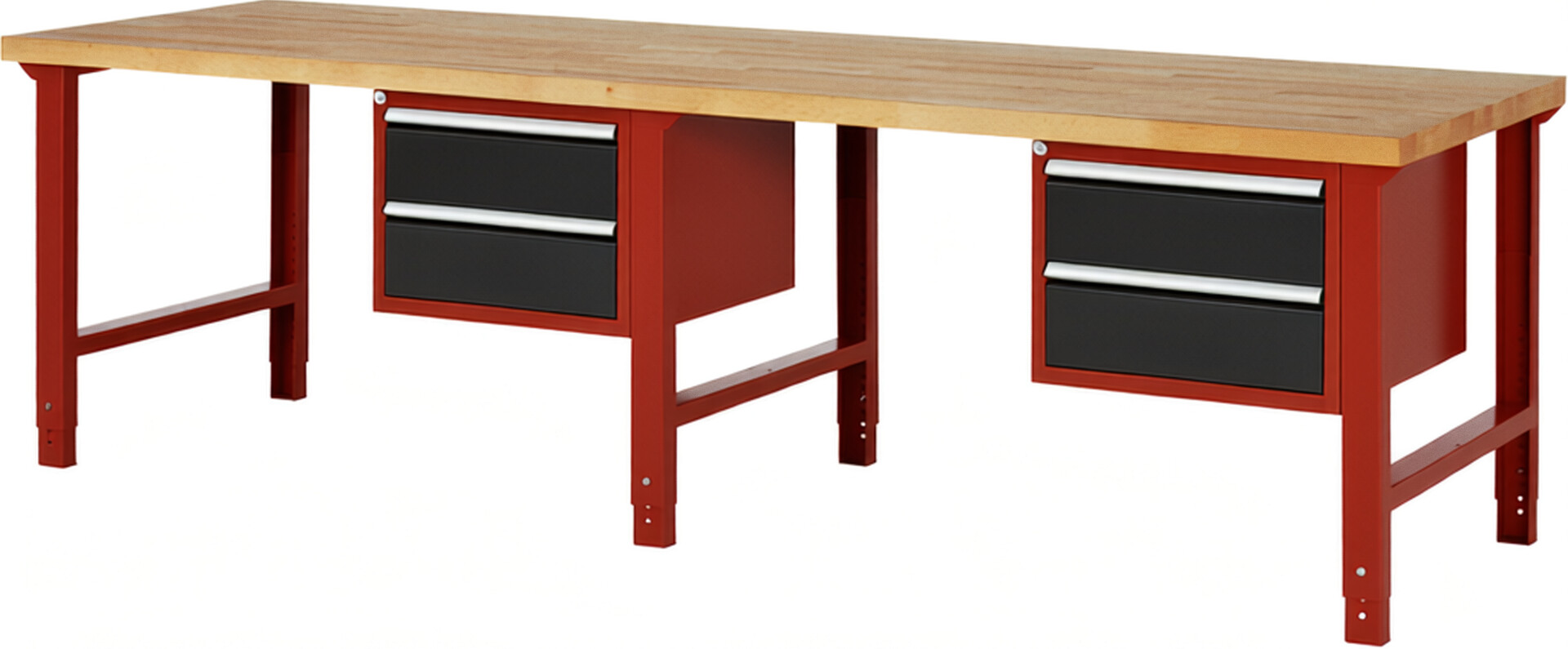 Werkbank Modell 7125 rot - schwarz, BxTxH 3000x900x790-1140 mm,  Buche-Massiv Arbeitsplatte 40 mm,  4 Schubladen mit  Auszug 90 %