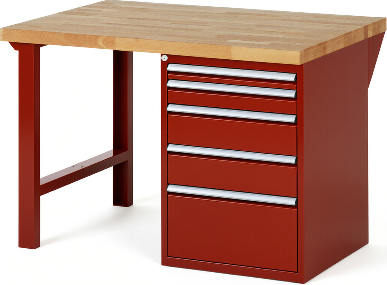 Werkbank Modell 7511 rot, BxTxH 1250x900x890 mm,  Buche-Massiv Arbeitsplatte 40 mm,  5 Schubladen mit  Auszug 90 %