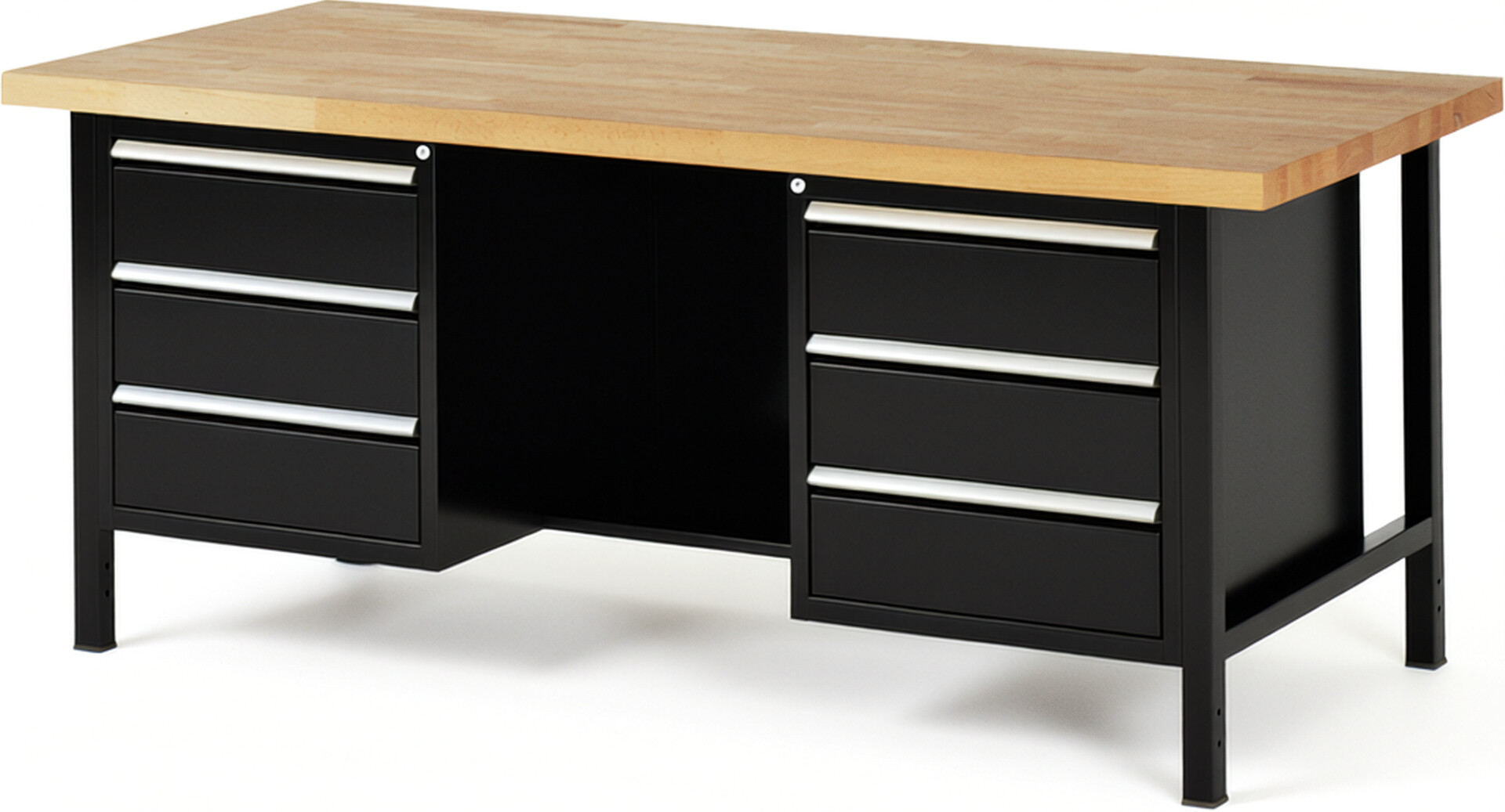 Werkbank Modell 8554 schwarz, BxTxH 2000x900x840 mm,  Buche-Massiv Arbeitsplatte 40 mm,  6 Schubladen mit  Vollauszug 100 % und  SoftClosing