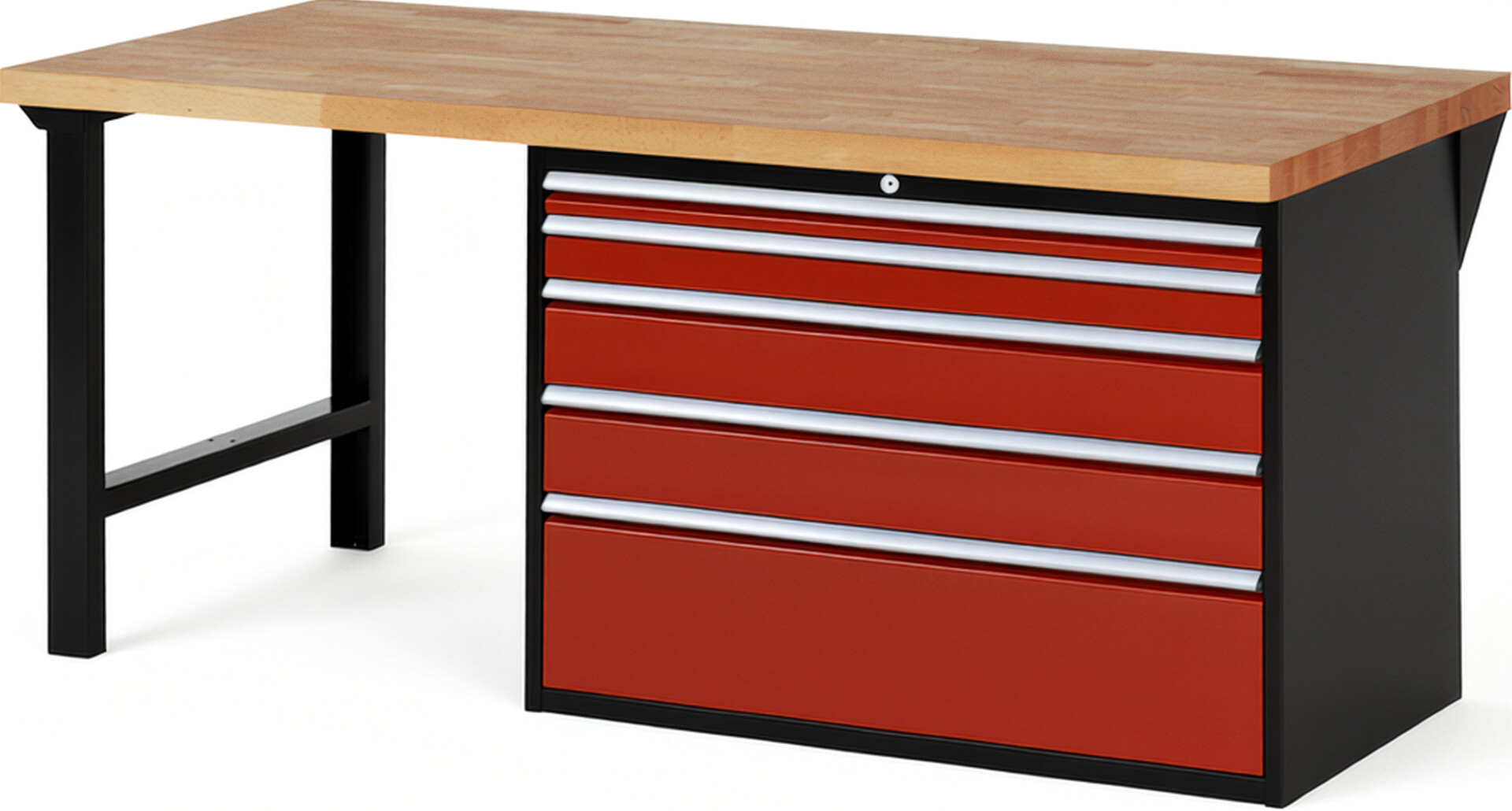 RAU Werkbank schwarz - rot - Breite 200 cm - Tiefe 90 cm - Höhe 89 cm - Buche-Massiv Arbeitsplatte 40 mm