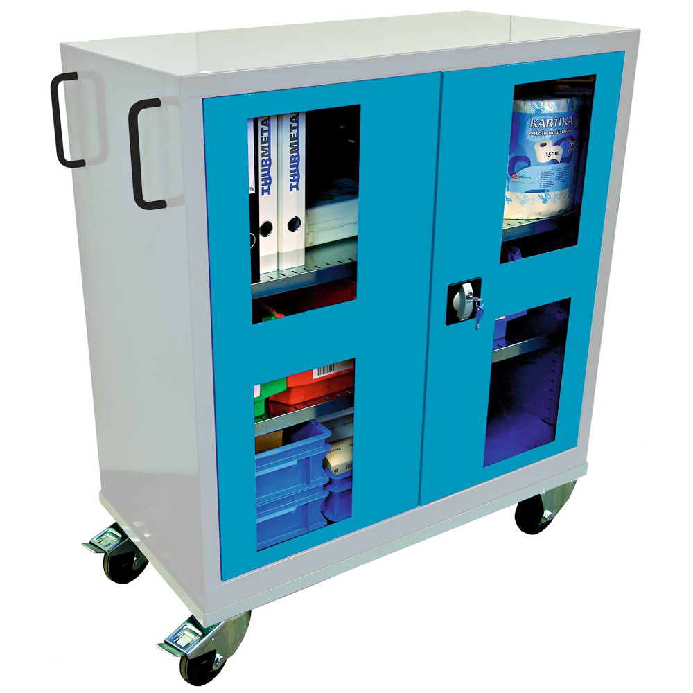 Mobiler Flügeltürenschrank, RAL 7035/5012BxTxH 1005x500x1195 mm, m. Sichtfenster