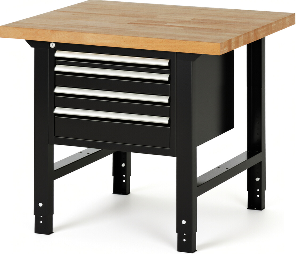 Werkbank Modell 7132 schwarz, BxTxH 1000x900x790-1140 mm,  Buche-Massiv Arbeitsplatte 40 mm,  4 Schubladen mit  Vollauszug 100 % und  SoftClosing