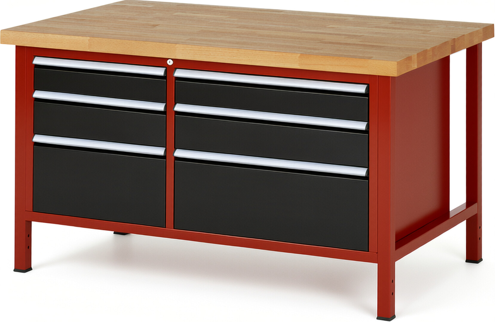 Werkbank Modell 8652 rot - schwarz, BxTxH 1500x900x840-1040 mm,  Buche-Massiv Arbeitsplatte 40 mm,  6 Schubladen mit  Auszug 90 %