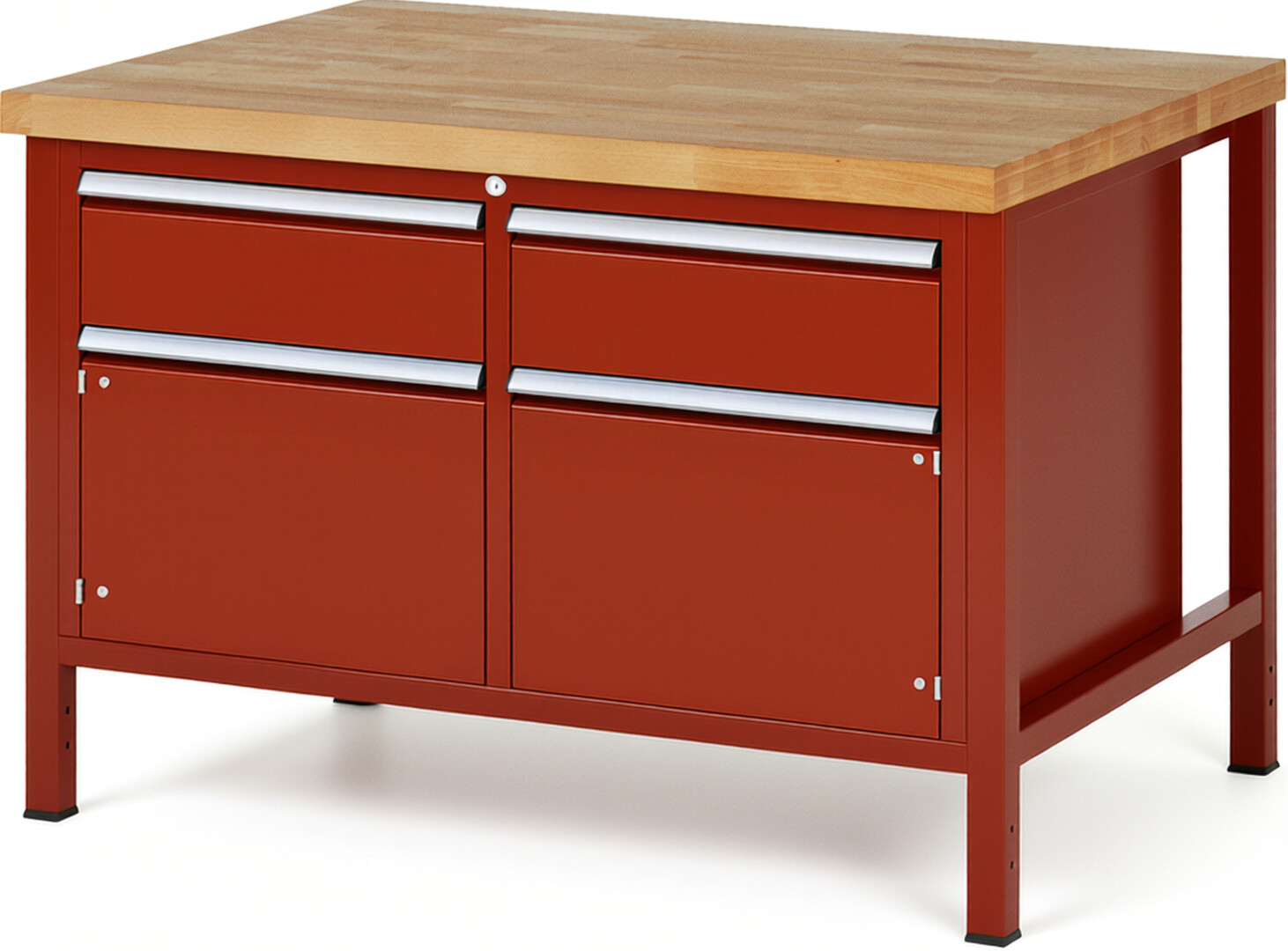 Werkbank Modell 8466 rot, BxTxH 1250x900x840 mm,  Buche-Massiv Arbeitsplatte 40 mm,  2 Schubladen mit  Auszug 90 %