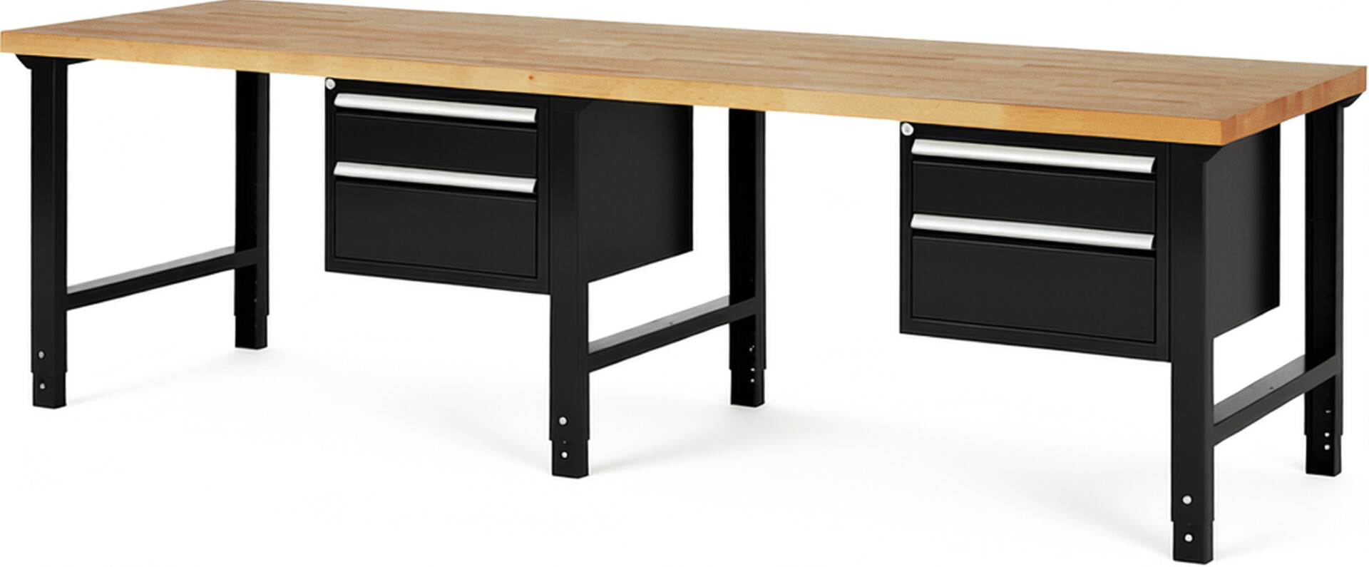 Werkbank Modell 7123 schwarz, BxTxH 3000x900x790-1140 mm,  Buche-Massiv Arbeitsplatte 40 mm,  4 Schubladen mit  Vollauszug 100 % und  SoftClosing