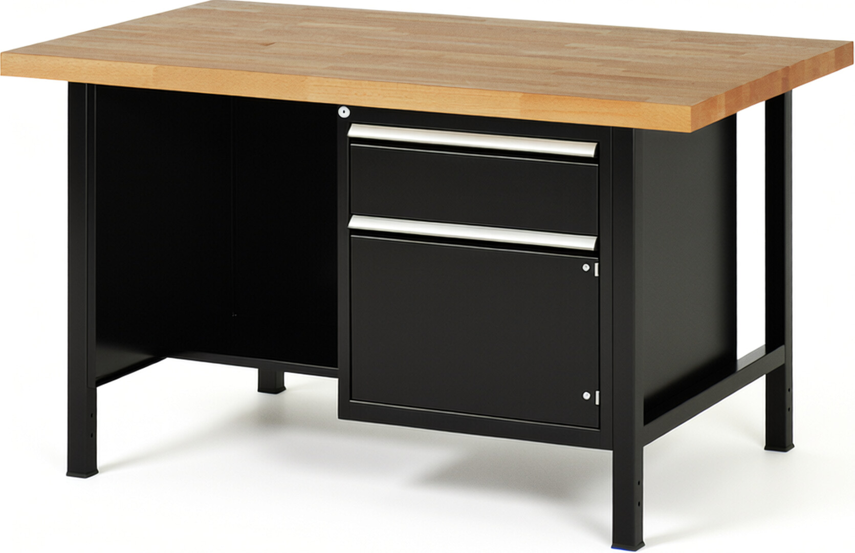 Werkbank Modell 8455 schwarz, BxTxH 1500x900x840-1040 mm,  Buche-Massiv Arbeitsplatte 40 mm,  1 Schublade mit  Vollauszug 100 % und  SoftClosing