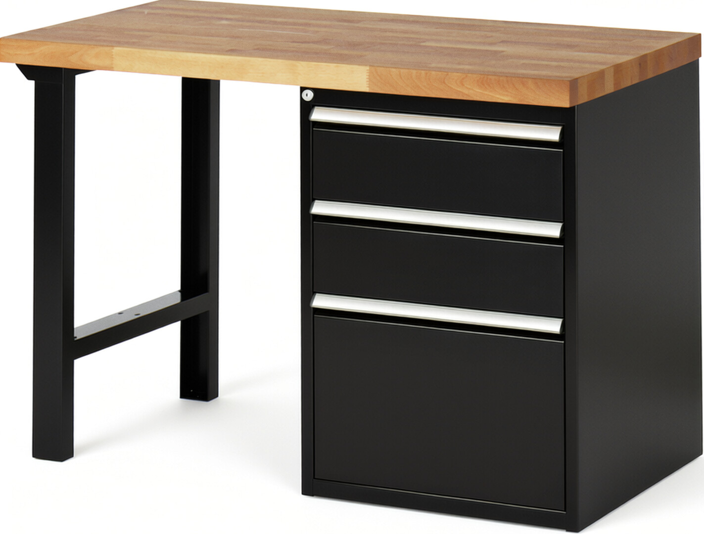 Werkbank Modell 7507 schwarz, BxTxH 1250x700x890 mm,  Buche-Massiv Arbeitsplatte 40 mm,  3 Schubladen mit  Vollauszug 100 % und  SoftClosing