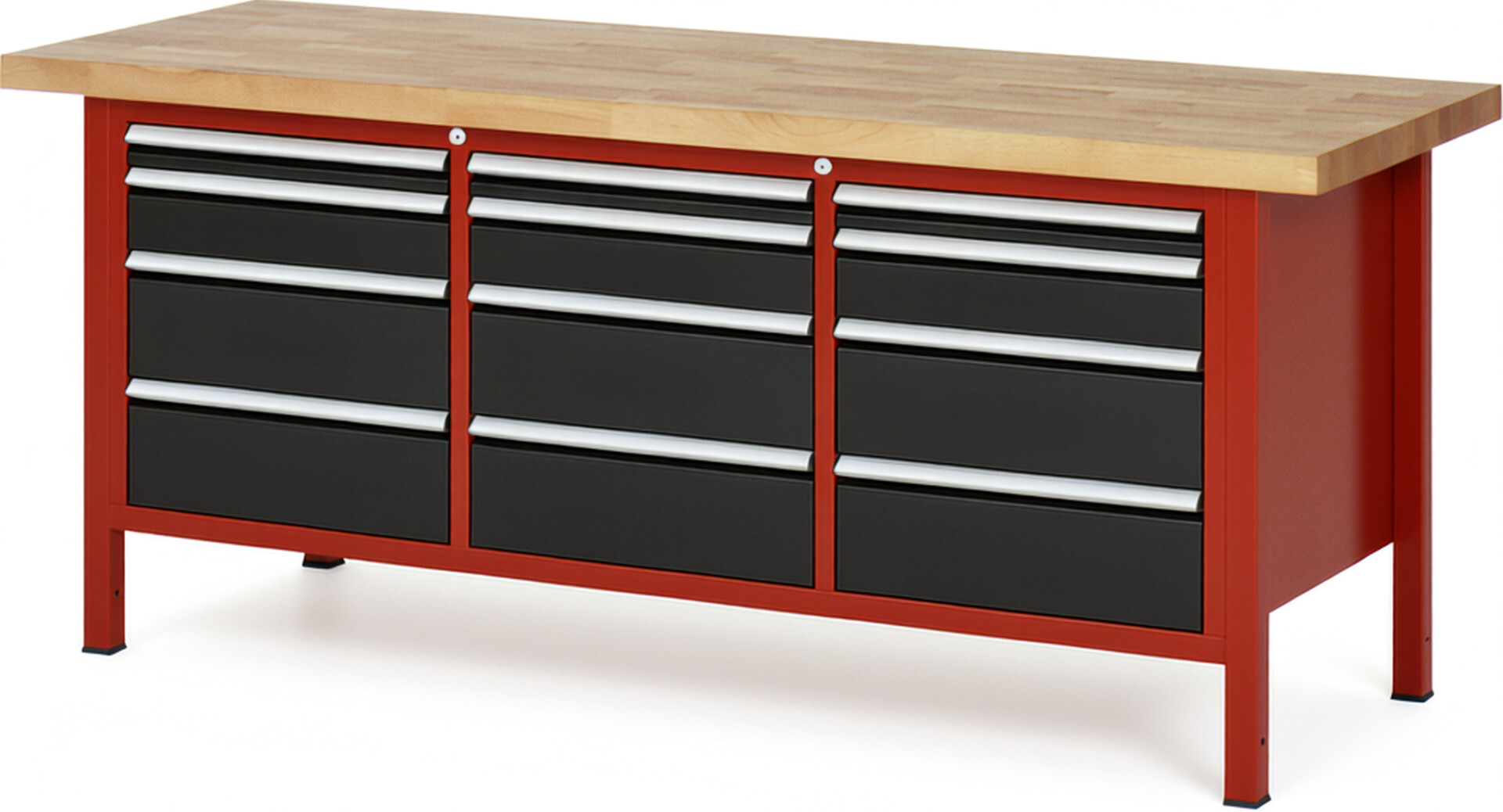 Werkbank Modell 8580 rot - schwarz, BxTxH 2000x700x840 mm,  Buche-Massiv Arbeitsplatte 40 mm,  12 Schubladen mit  Auszug 90 %