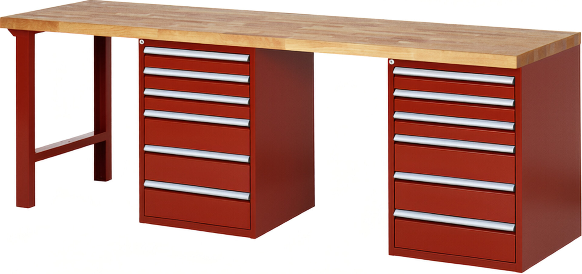Werkbank Modell 7515 rot, BxTxH 2500x700x890 mm,  Buche-Massiv Arbeitsplatte 40 mm,  12 Schubladen mit  Vollauszug 100 % und  SoftClosing