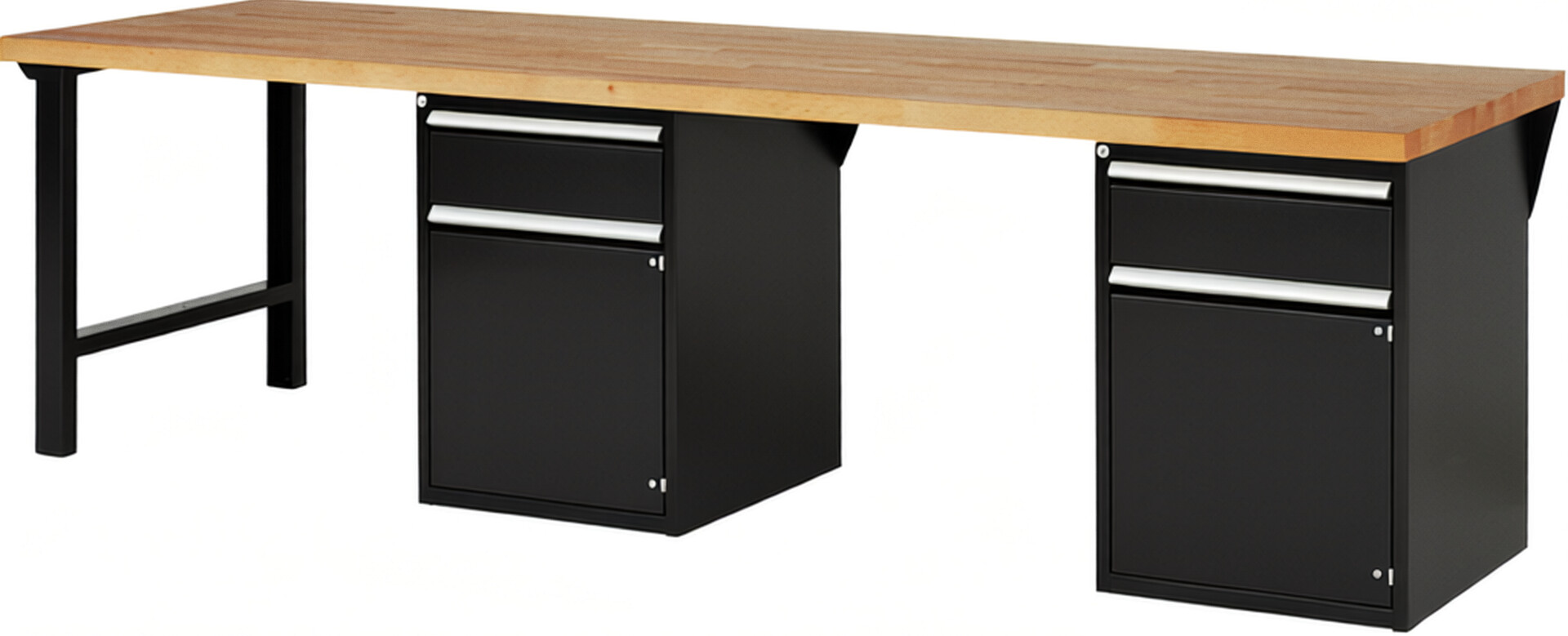 Werkbank Modell 7502 schwarz, BxTxH 3000x900x840 mm,  Buche-Massiv Arbeitsplatte 40 mm,  2 Schubladen mit  Vollauszug 100 % und  SoftClosing
