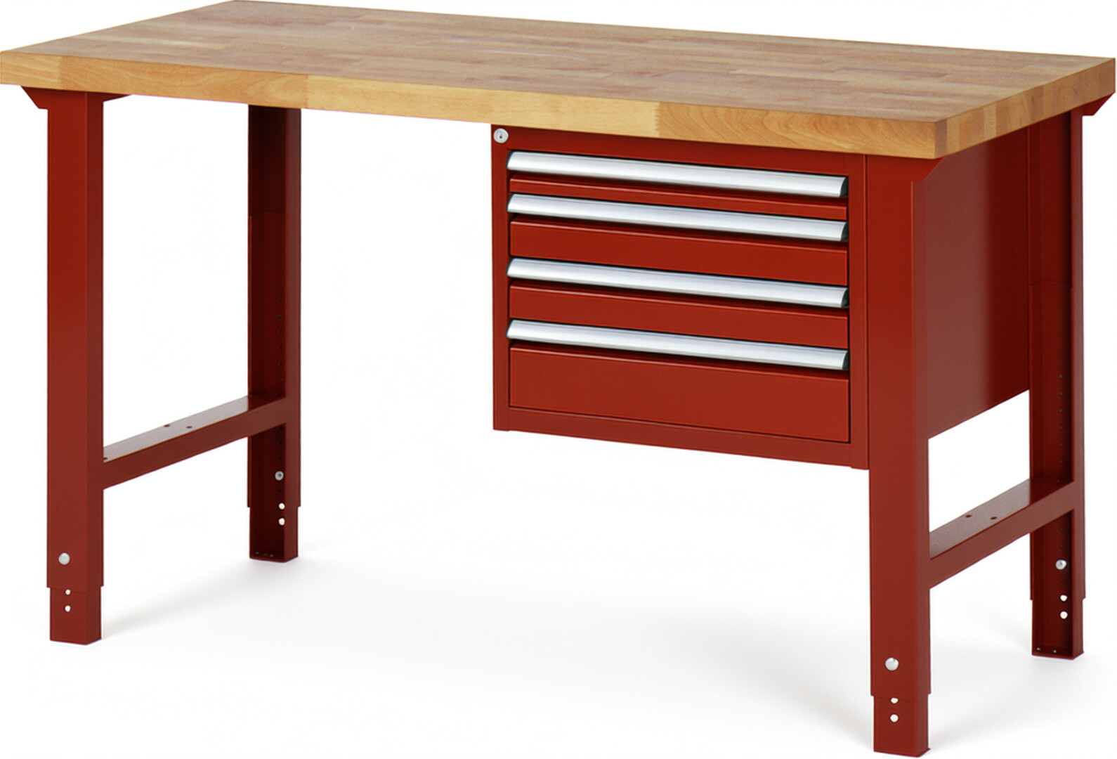 Werkbank Modell 7132 rot, BxTxH 1500x700x790-1140 mm,  Buche-Massiv Arbeitsplatte 40 mm,  4 Schubladen mit  Auszug 90 %
