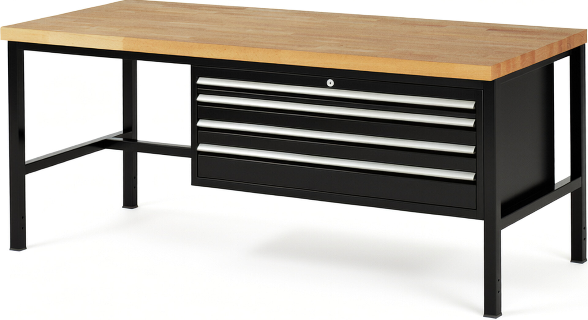 Werkbank Modell 8332 schwarz, BxTxH 2000x900x840-1040 mm,  Buche-Massiv Arbeitsplatte 40 mm,  4 Schubladen mit  Vollauszug 100 % und  SoftClosing