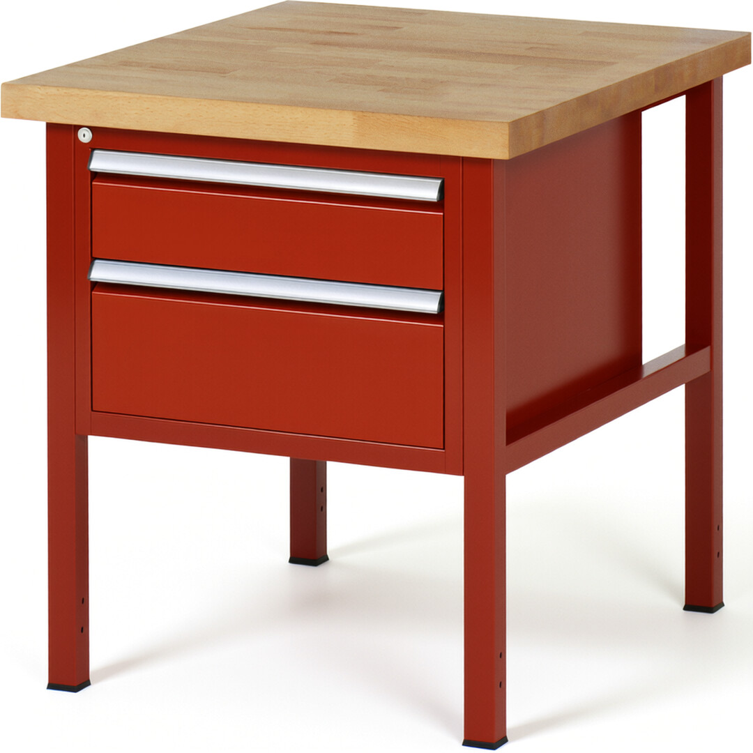 Werkbank Modell 8123 rot, BxTxH 750x900x840-1040 mm,  Buche-Massiv Arbeitsplatte 40 mm,  2 Schubladen mit  Auszug 90 %