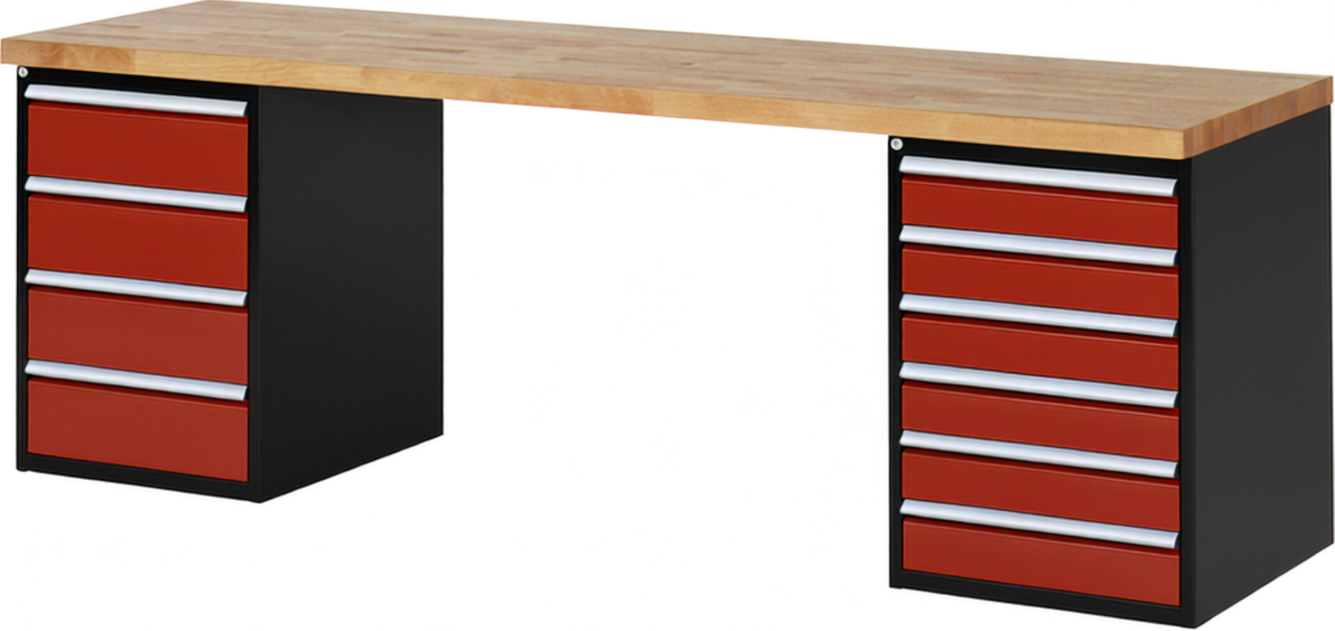 RAU Werkbank schwarz - rot - Breite 250 cm - Tiefe 70 cm - Höhe 89 cm - Buche-Massiv Arbeitsplatte 40 mm