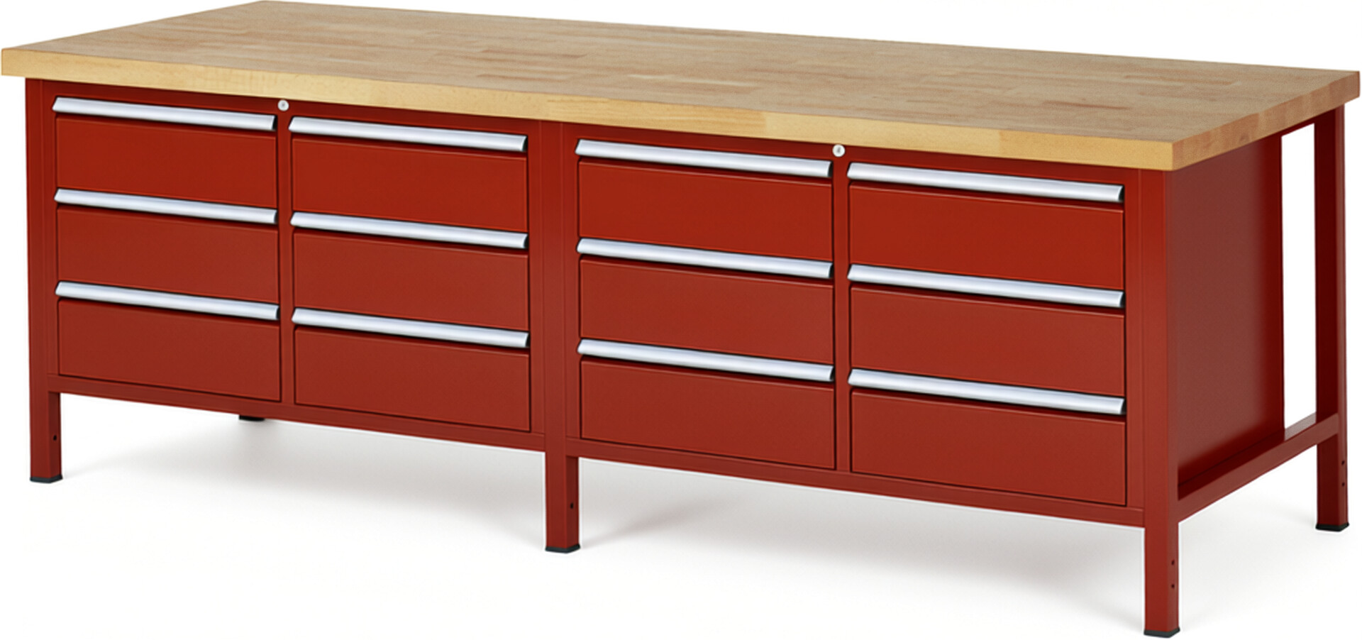 Werkbank Modell 8473 rot, BxTxH 2500x900x840 mm,  Buche-Massiv Arbeitsplatte 40 mm,  12 Schubladen mit  Vollauszug 100 % und  SoftClosing