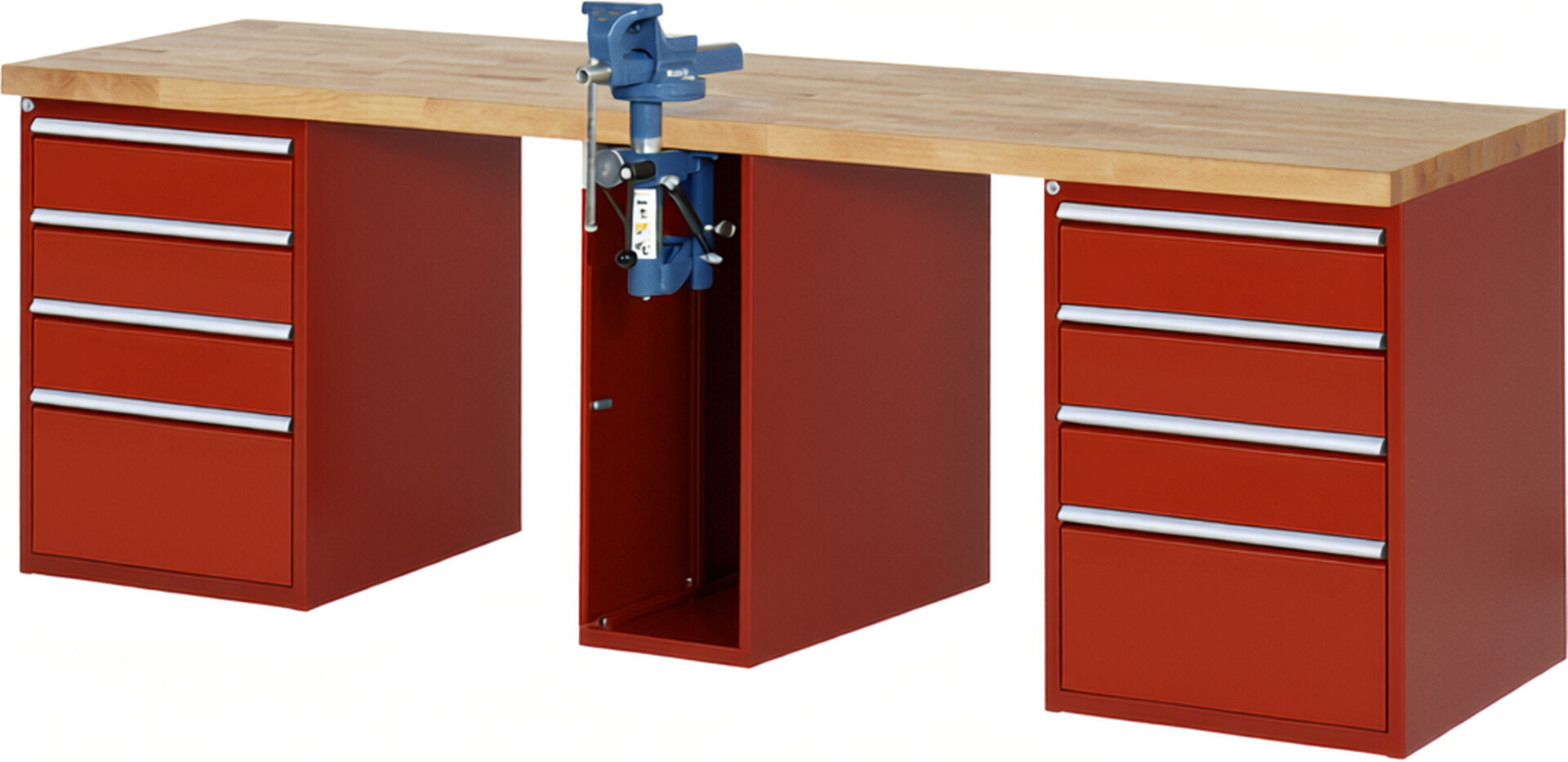 Werkbank Modell 7510 rot, BxTxH 2500x700x890 mm,  Buche-Massiv Arbeitsplatte 40 mm,  8 Schubladen mit  Auszug 90 %