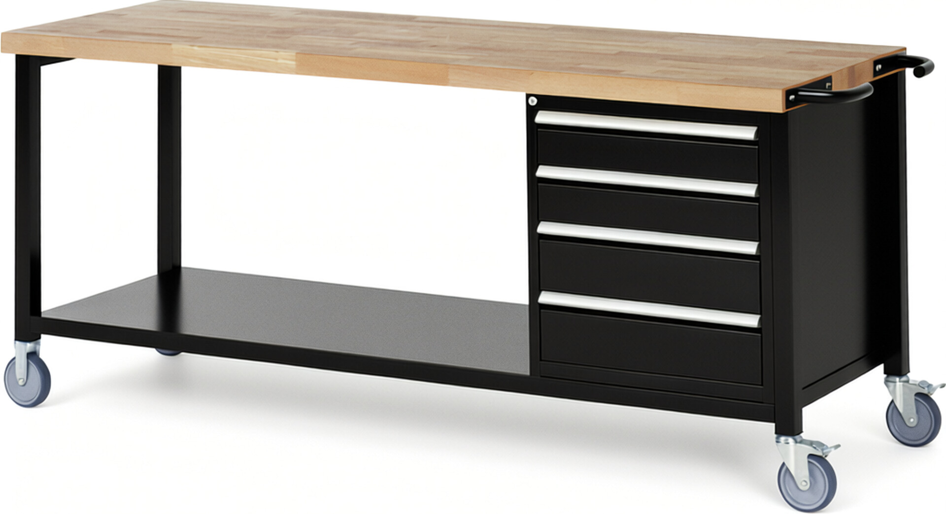 Fahrbare Werkbank Modell 8162 schwarz, BxTxH 2000x700x880-1080 mm,  Buche-Massiv Arbeitsplatte 40 mm,  4 Schubladen mit  Auszug 90 %