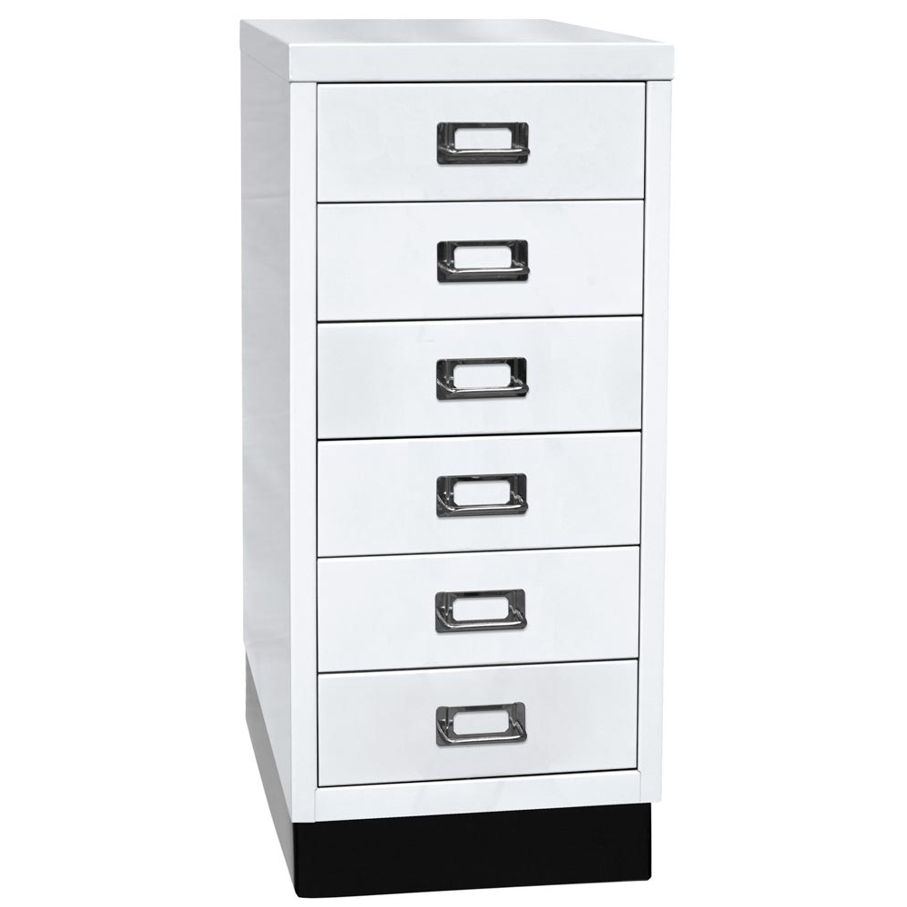 Schubladenschrank aus Stahl, BxTxH 279x380x670 mm, 6 Schubladen 87 mm, DIN A4, Sockel 80 mm hoch, verkehrsweiß