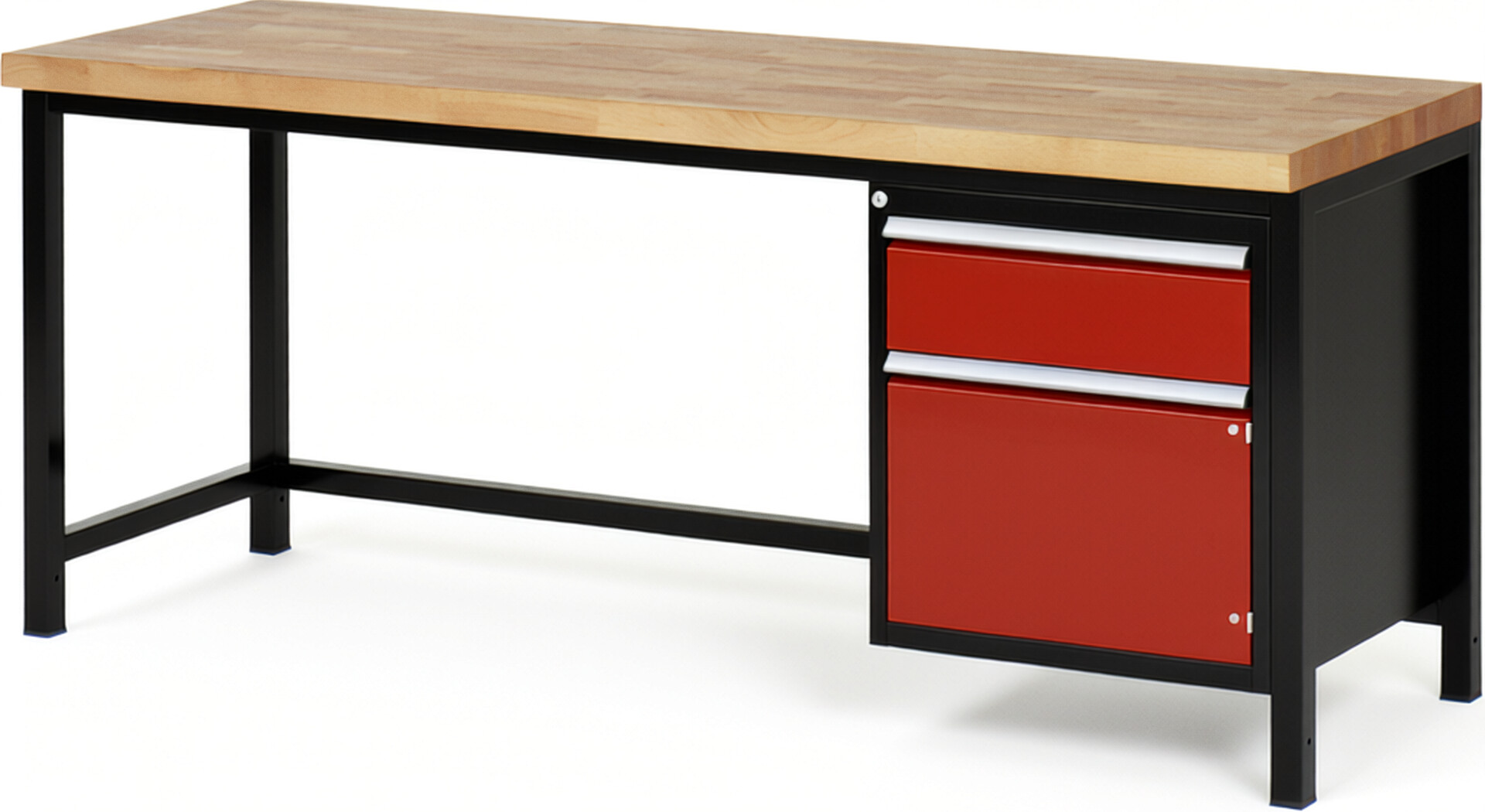 RAU Werkbank schwarz - rot - Breite 200 cm - Tiefe 70 cm - Höhe 104 cm - Buche-Massiv Arbeitsplatte 40 mm