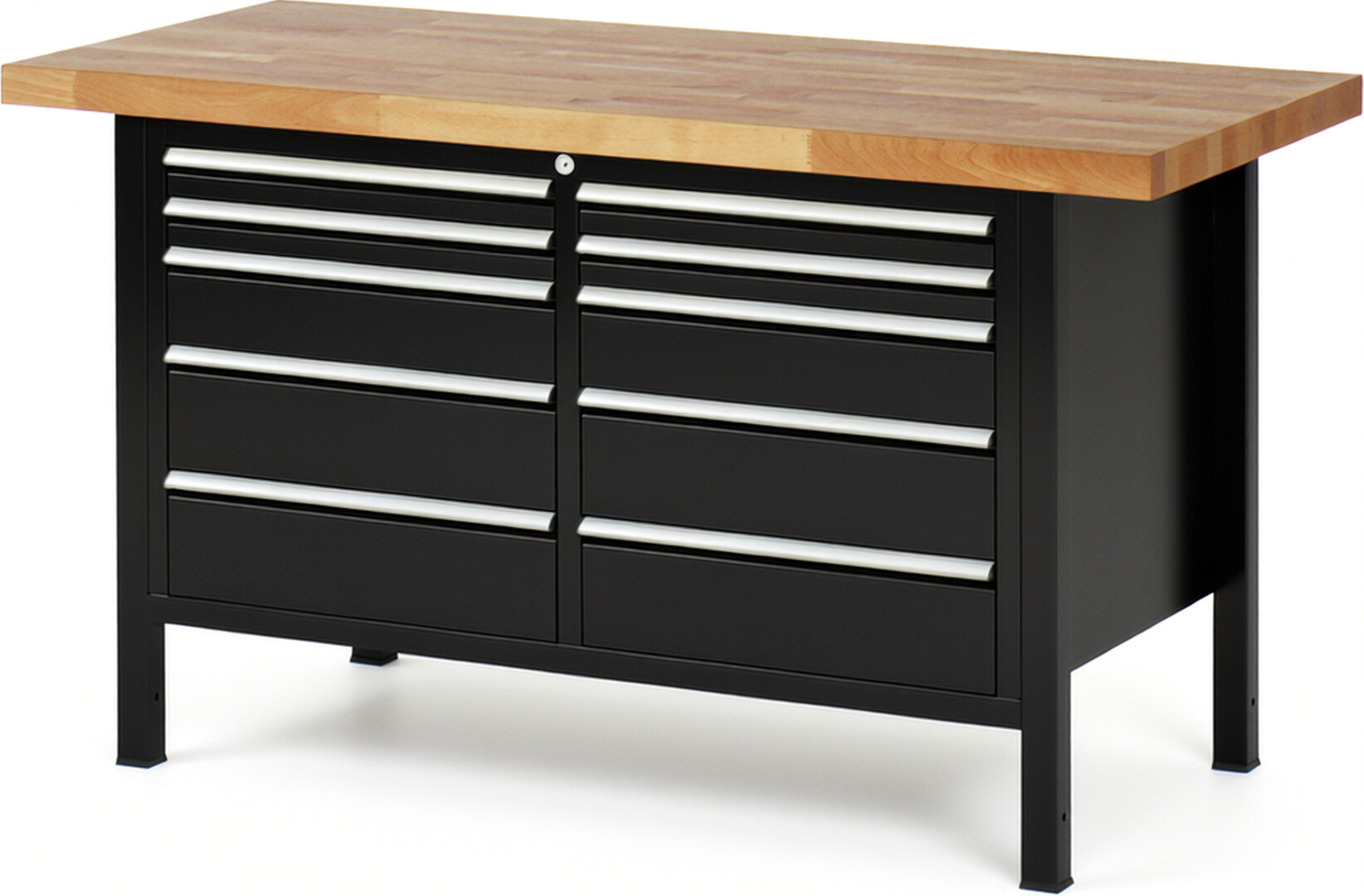 Werkbank Modell 8480 schwarz, BxTxH 1500x700x840 mm,  Buche-Massiv Arbeitsplatte 40 mm,  10 Schubladen mit  Vollauszug 100 % und  SoftClosing
