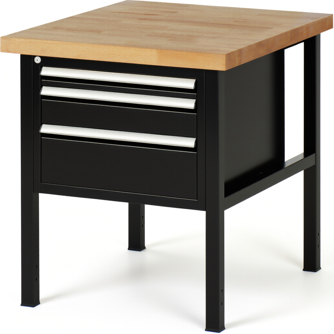 Werkbank Modell 8126 schwarz, BxTxH 750x900x840 mm,  Buche-Massiv Arbeitsplatte 40 mm,  3 Schubladen mit  Auszug 90 %