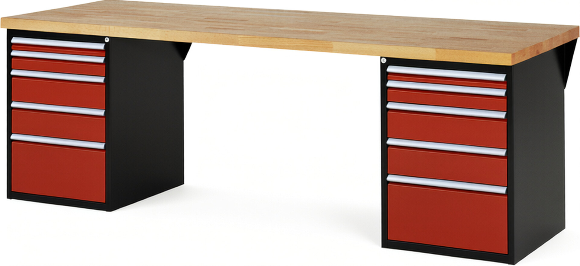 RAU Werkbank schwarz - rot - Breite 250 cm - Tiefe 90 cm - Höhe 89 cm - Buche-Massiv Arbeitsplatte 40 mm