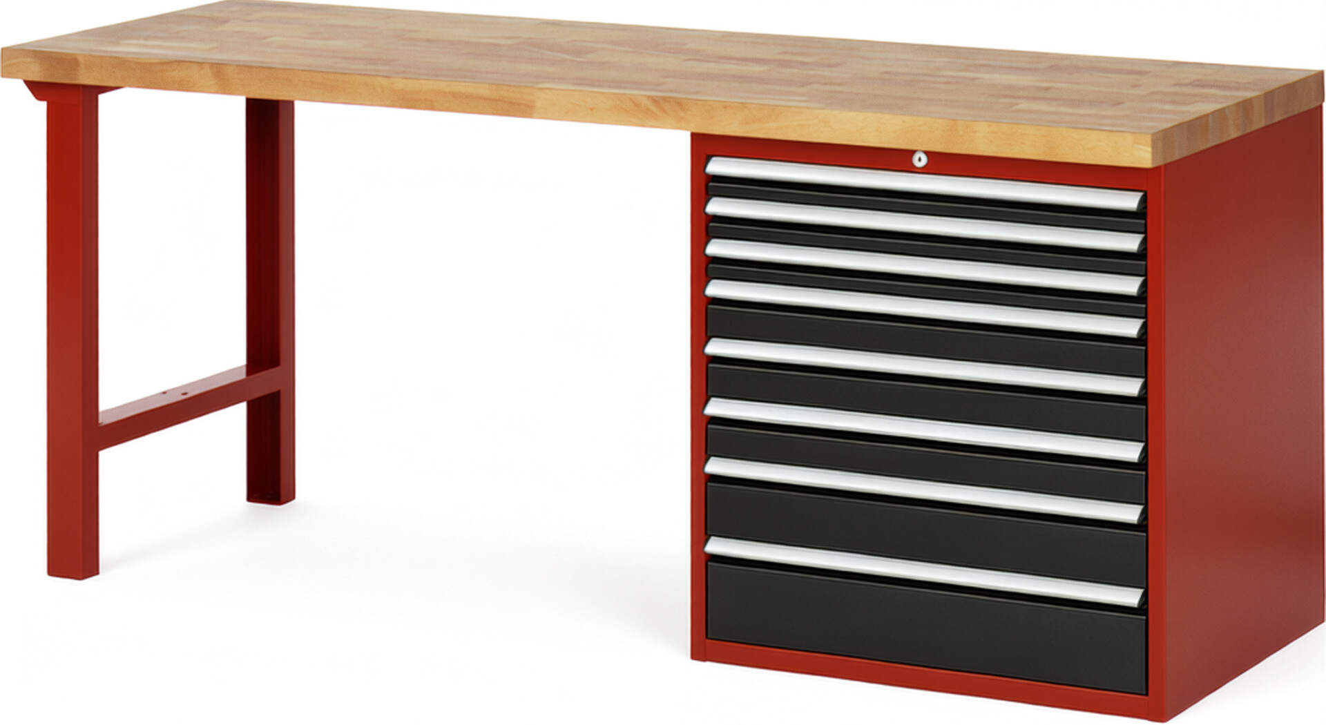 Werkbank Modell 7619 rot - schwarz, BxTxH 2000x700x890 mm,  Buche-Massiv Arbeitsplatte 40 mm,  8 Schubladen mit  Vollauszug 100 % und  SoftClosing